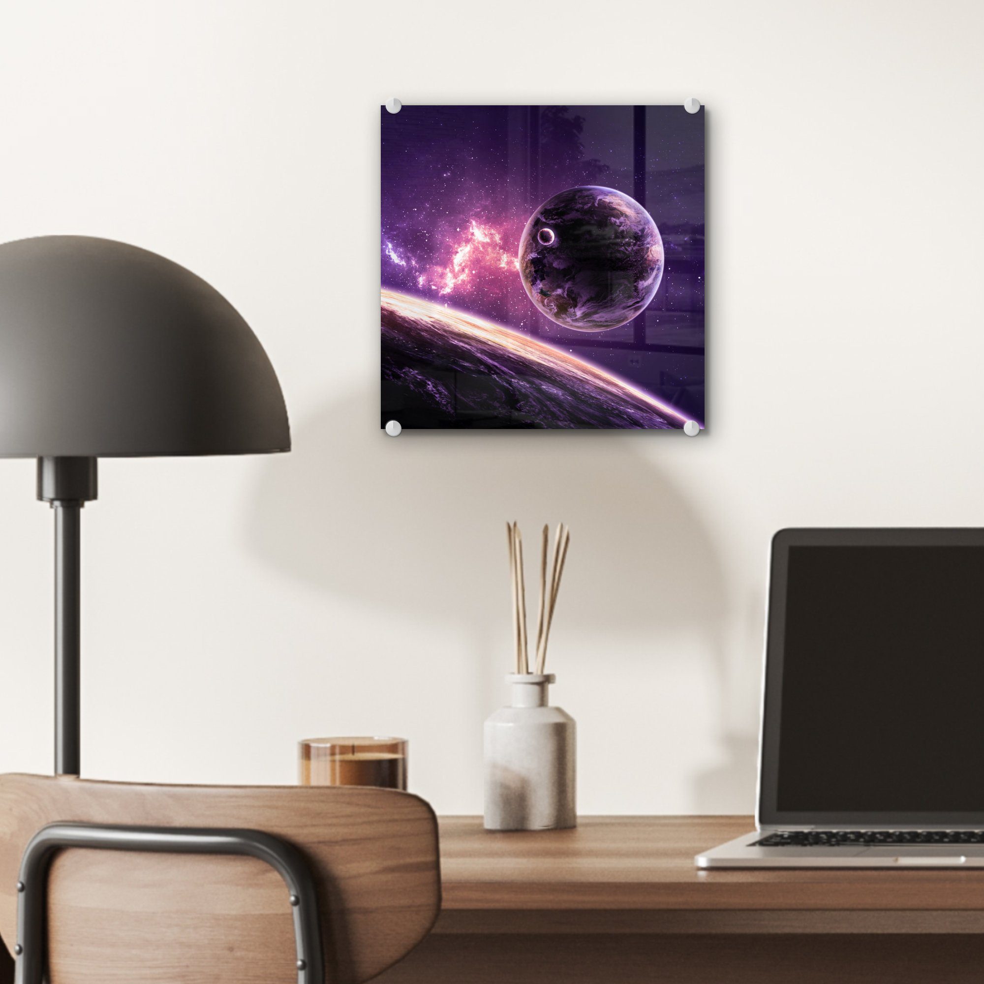 - Wanddekoration - Planeten Sterne auf auf Wandbild Lila, Glas Bilder (1 Glas - Foto - Acrylglasbild St), Glasbilder - MuchoWow