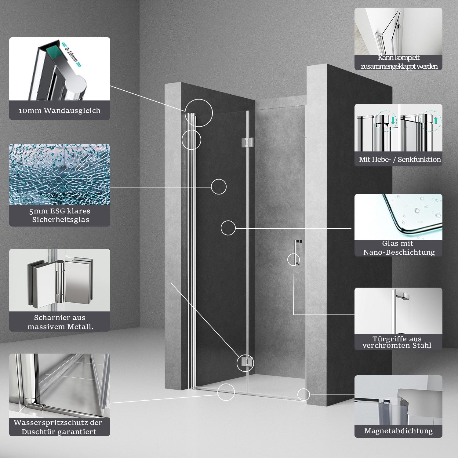 Boromal Dusch-Falttür Falttür Nischentür Dusche 90 100 Duschtür 180º faltbar Pendeltür, 70x195 cm, NANO 5mm Sicherheitsglas, (Duschwand für dusche, B:70-120cm, H:195cm) mit Alu Bodenleiste, Aluprofile, Rechts-und Links montierbar