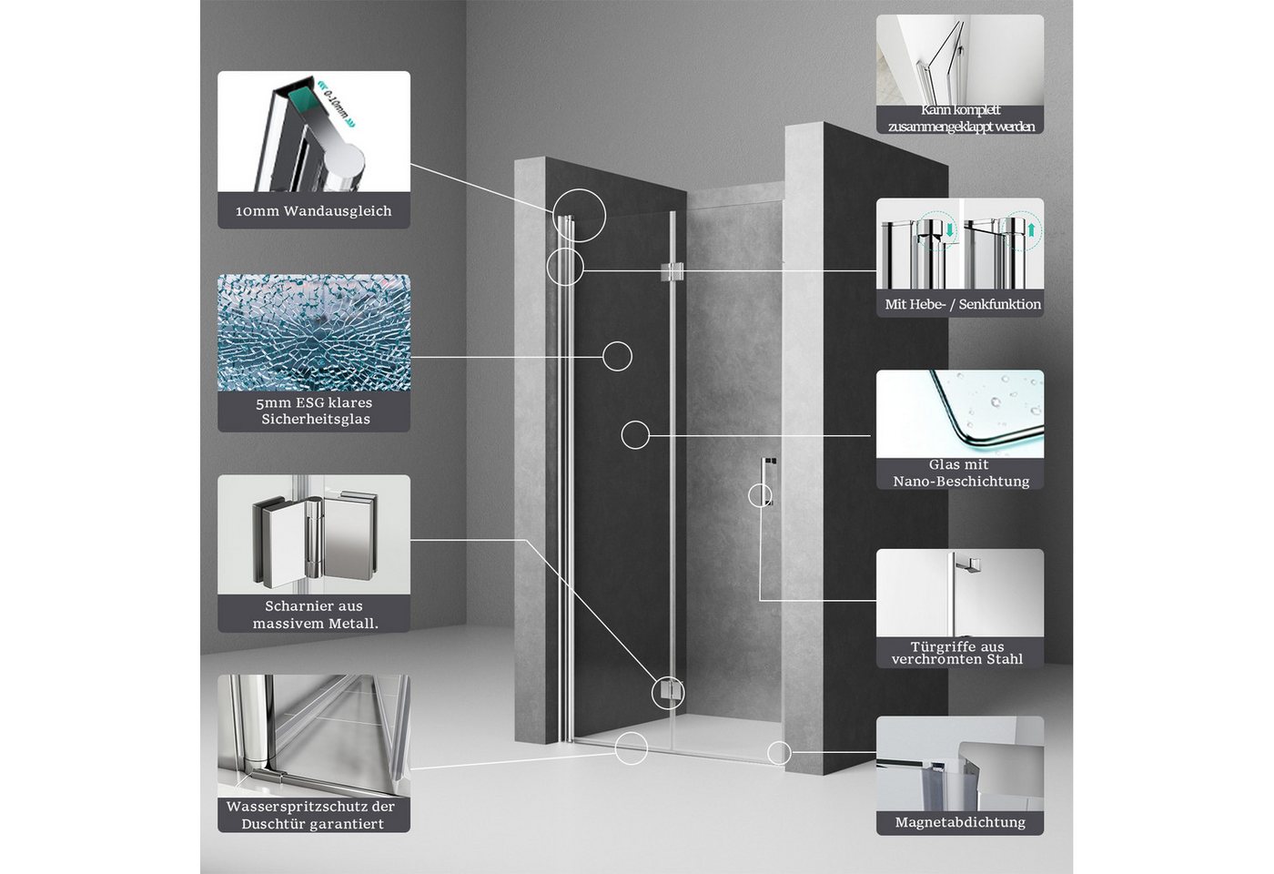Thumbnail - Boromal Dusch-Falttür Falttür Nischentür Dusche 90 100 Duschtür 180º faltbar Pendeltür, 70x195 cm, NANO 5mm Sicherheitsg...