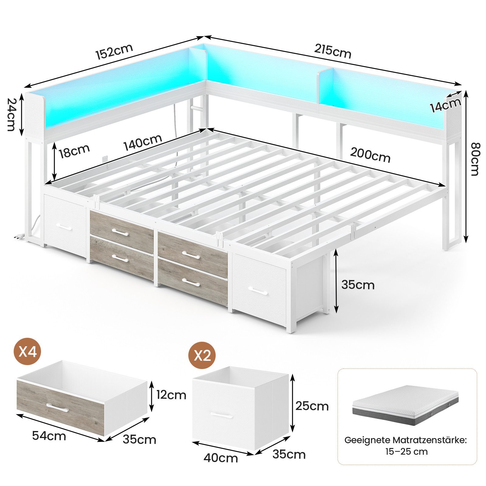MSMASK Daybett Schlafsofa mit LED-Beleuchtung & Ladestation, Jugendbett Kinderbett, mit Integriertem Bücherregal & 6 Schubladen, 140x200cm