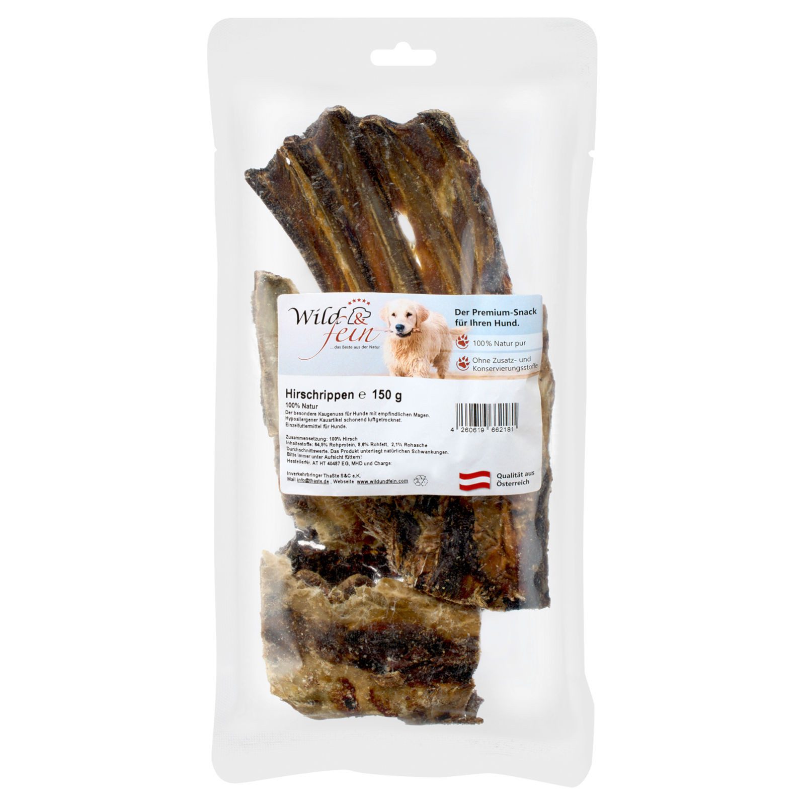 Wild & Fein Hirschrippen, 150 g, leckere Spareibs für Hunde, Snack für: Hund