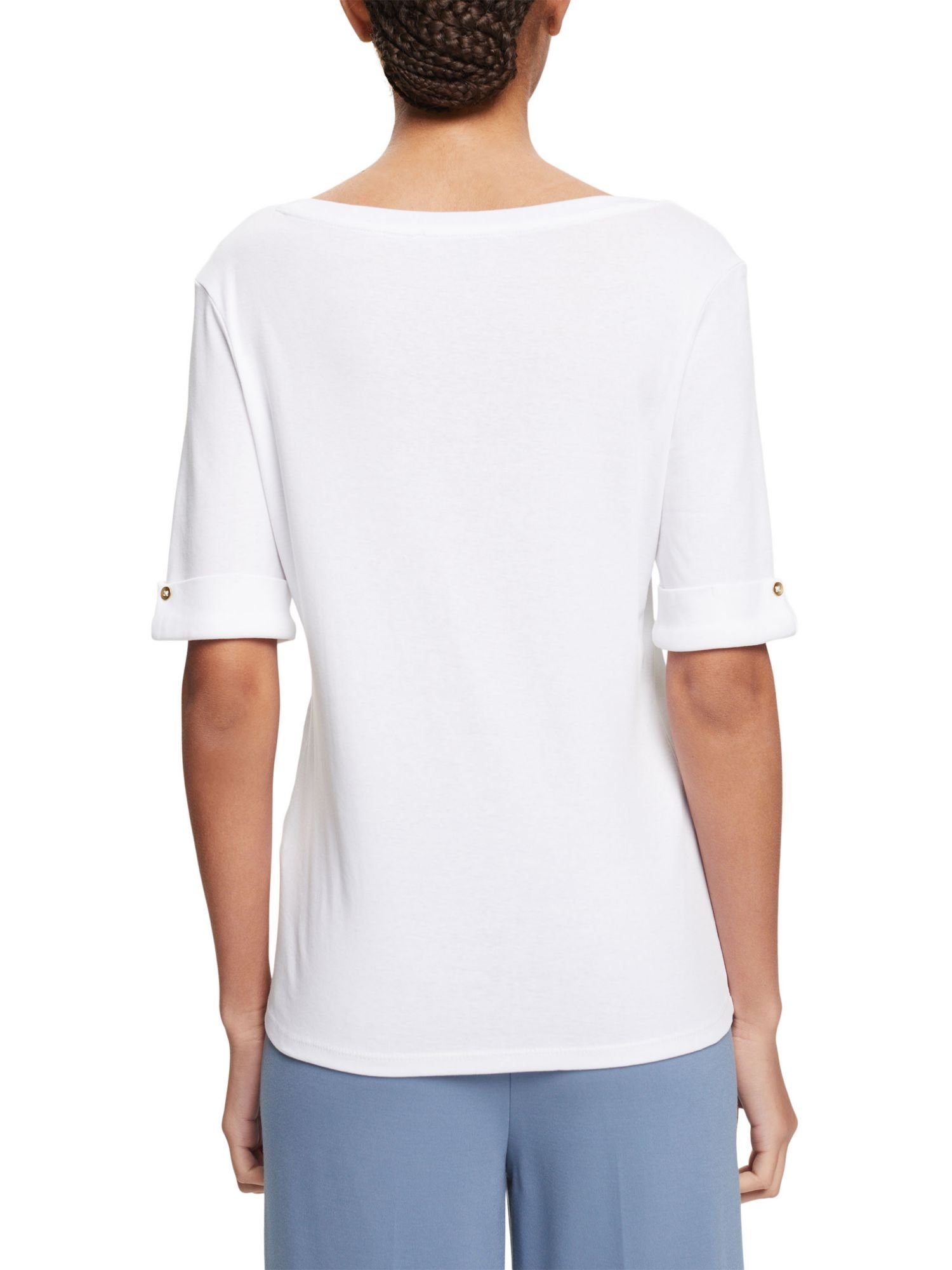 Esprit Collection T-Shirt T-Shirt WHITE (1-tlg) aus umgeschlagenem Ärmel Bio-Baumwolle mit