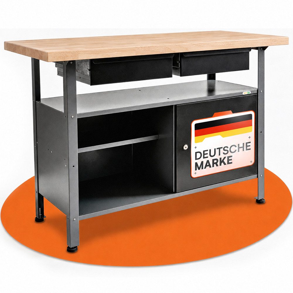 ONDIS24 Werkbank Werktisch Fritz - höhenverstellbare Füße, 2 Schubladen, Metall, 120x60x85(H) cm, abschließbare Tür, belastbar Bis 250kg
