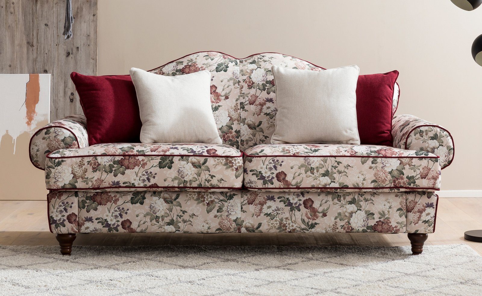 Furn.Design Sofa Elita, 3-Sitzer in beige mit Blumenmuster, Landhausstil, mit Bonell Federkern