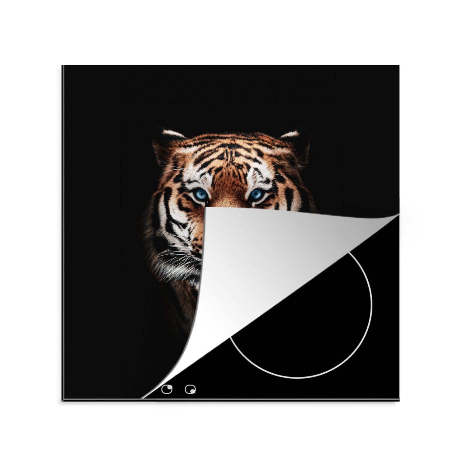 küche Tiger für Schwarz, 78x78 - Tiere Vinyl, cm, (1 MuchoWow Arbeitsplatte Ceranfeldabdeckung, tlg), - Herdblende-/Abdeckplatte