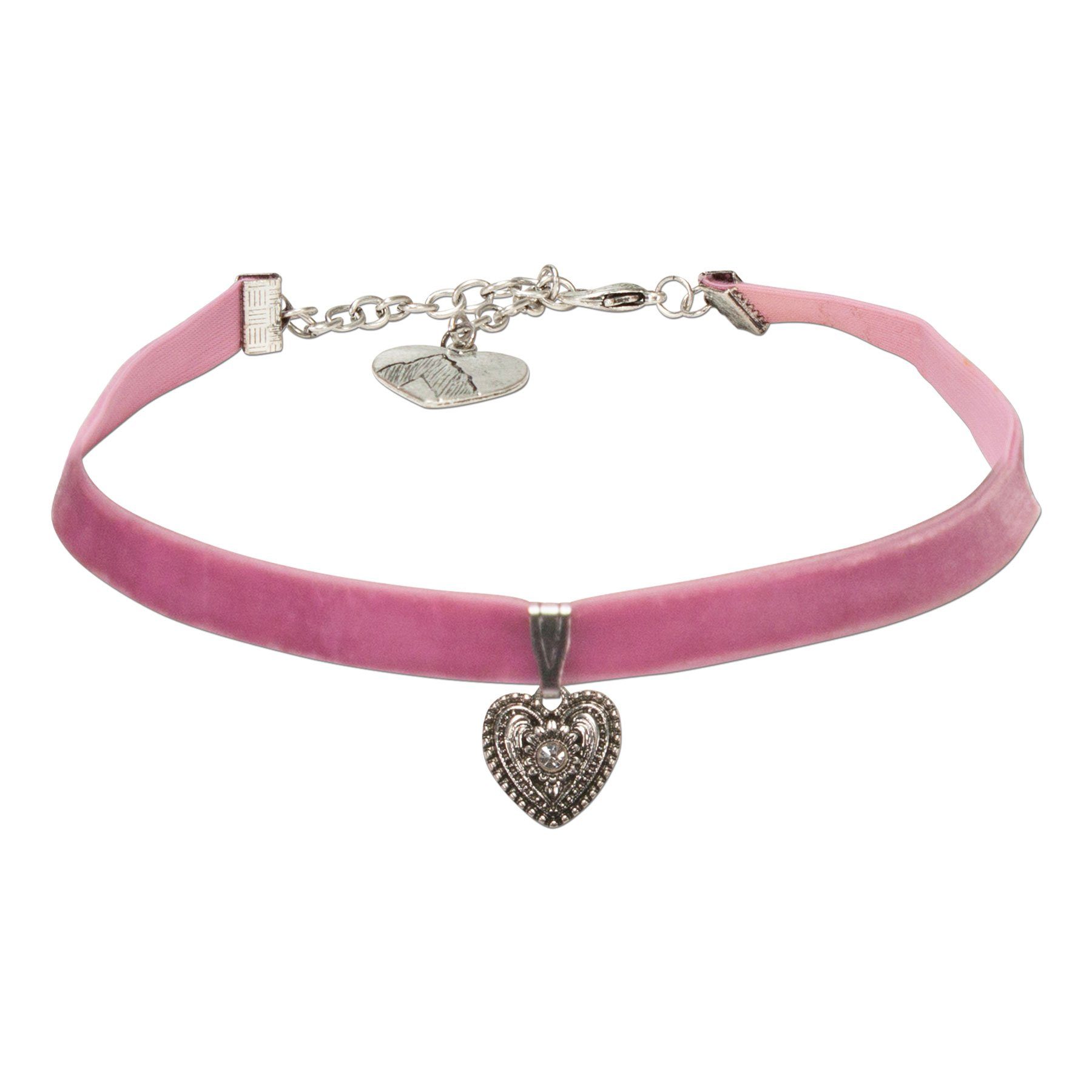 Alpenflüstern Ketten-Set Trachtenschmuck-Set Trachten-Samt-Kropfband und Ohrstecker Trachtenherz (rosa-ros), - Damen-Trachten-Schmuck, Trachtenset Trachtenkette und Trachten-Ohrringe