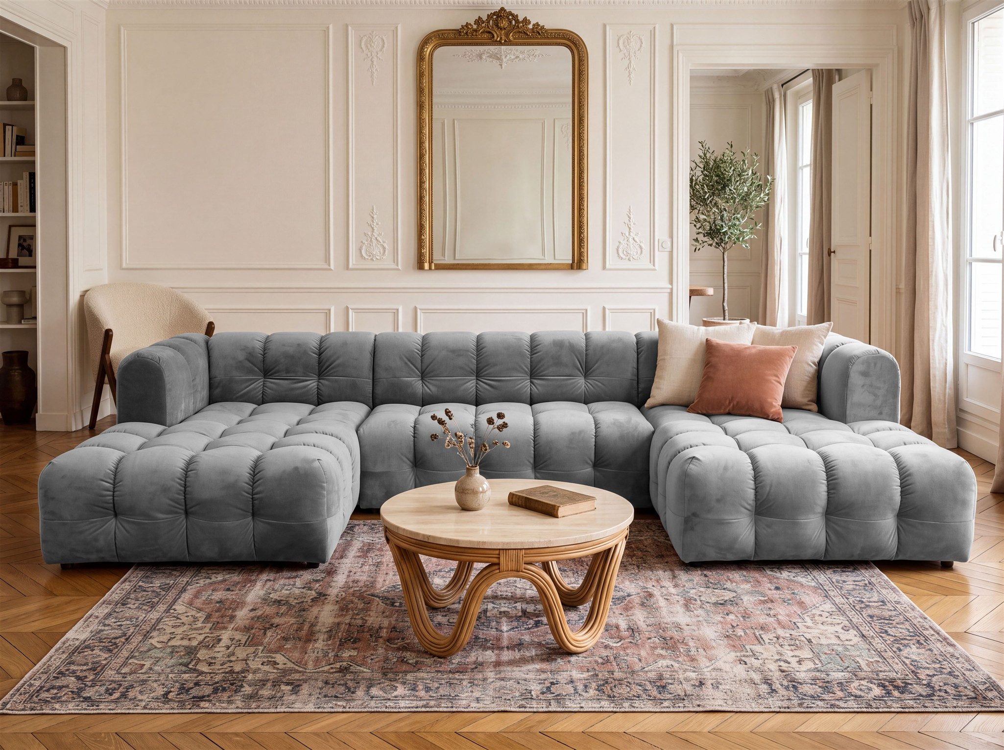Fun Möbel Wohnlandschaft Sofa U-Form SOLVIE in Stoff, Sofa Rücken echt bezogen