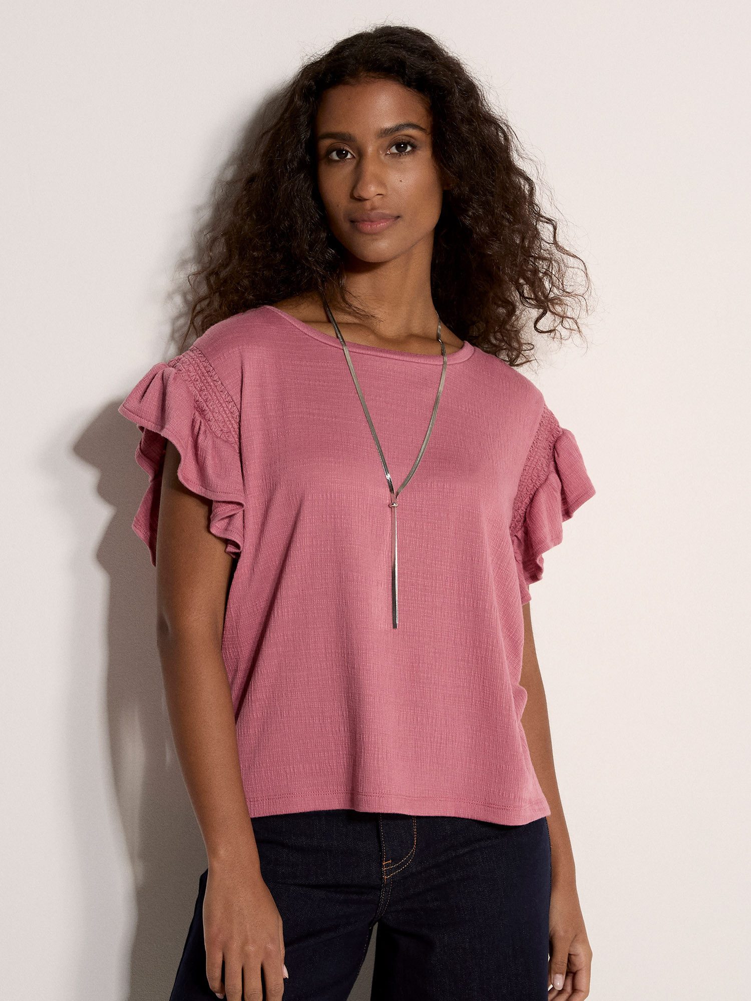 Apricot T-Shirt Strukturiertes T-Shirt mit Rüschenärmeln Einfarbig