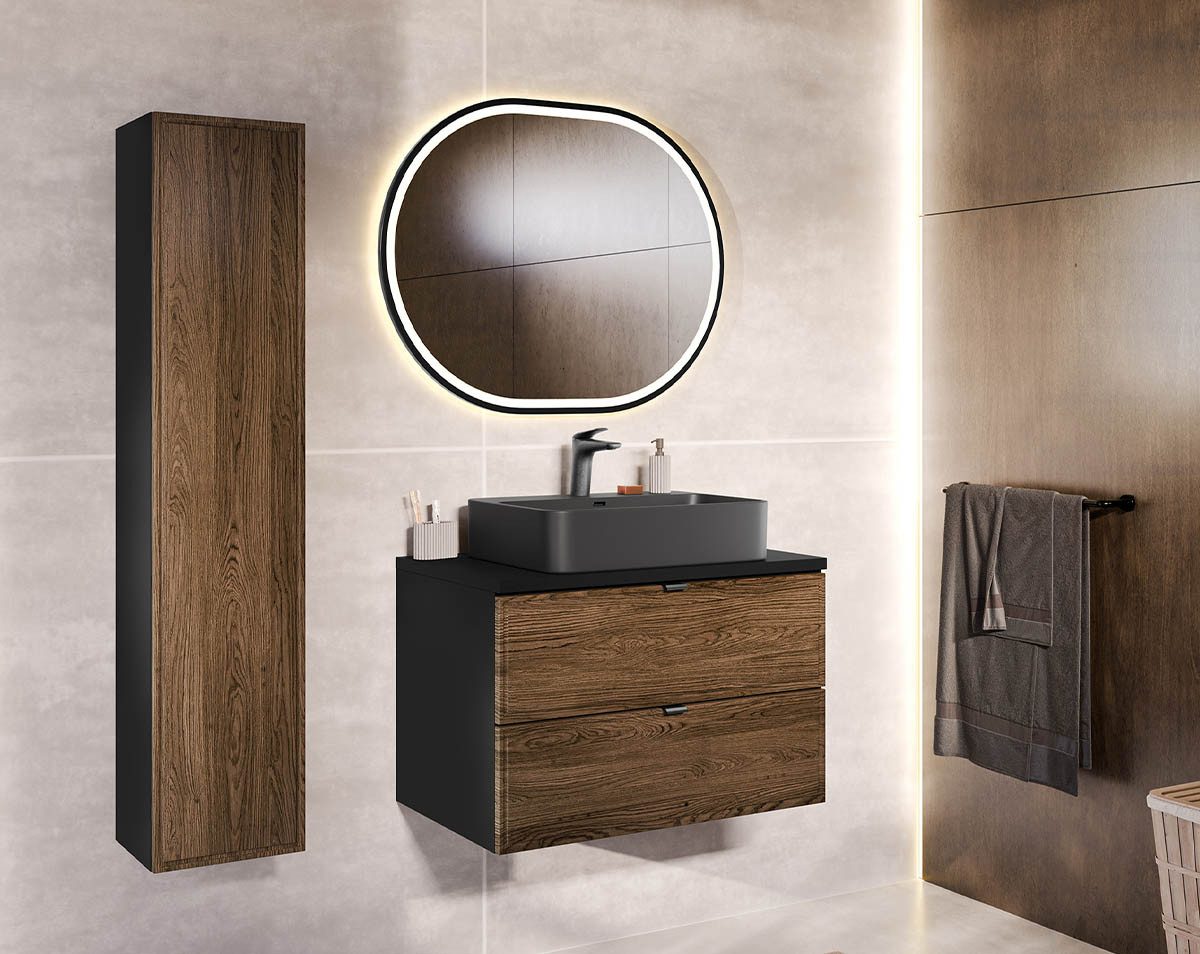 Waschtisch-Set Bad-Set TALINA 80cm 3-teilig, Aufsatzbecken grey, oak-schwarz