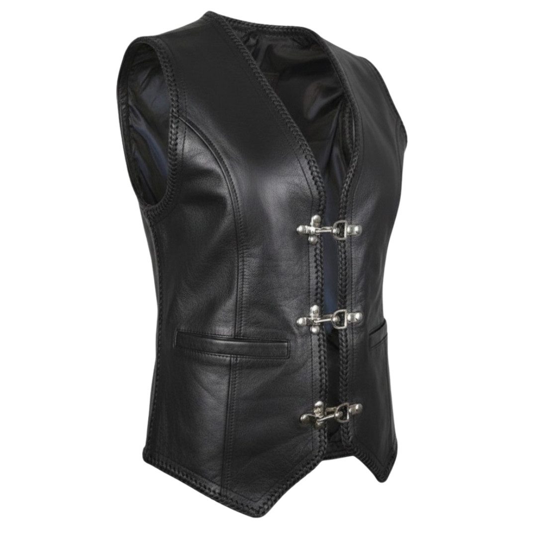 MDM Motorradweste Damen Lederweste Schwarz Biker Rindsleder tailliert