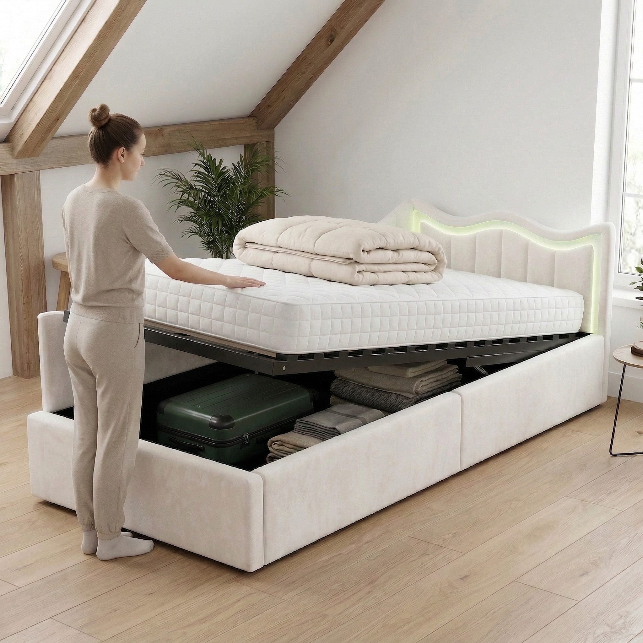 Furnishings Home Polsterbett Daybett Jugendbett Einzelbett (Hydraulisch hebbarer Stauraum, Geeignet für Jungen und Mädchen), Mit LED-Beleuchtung, Samt, 90x200 cm