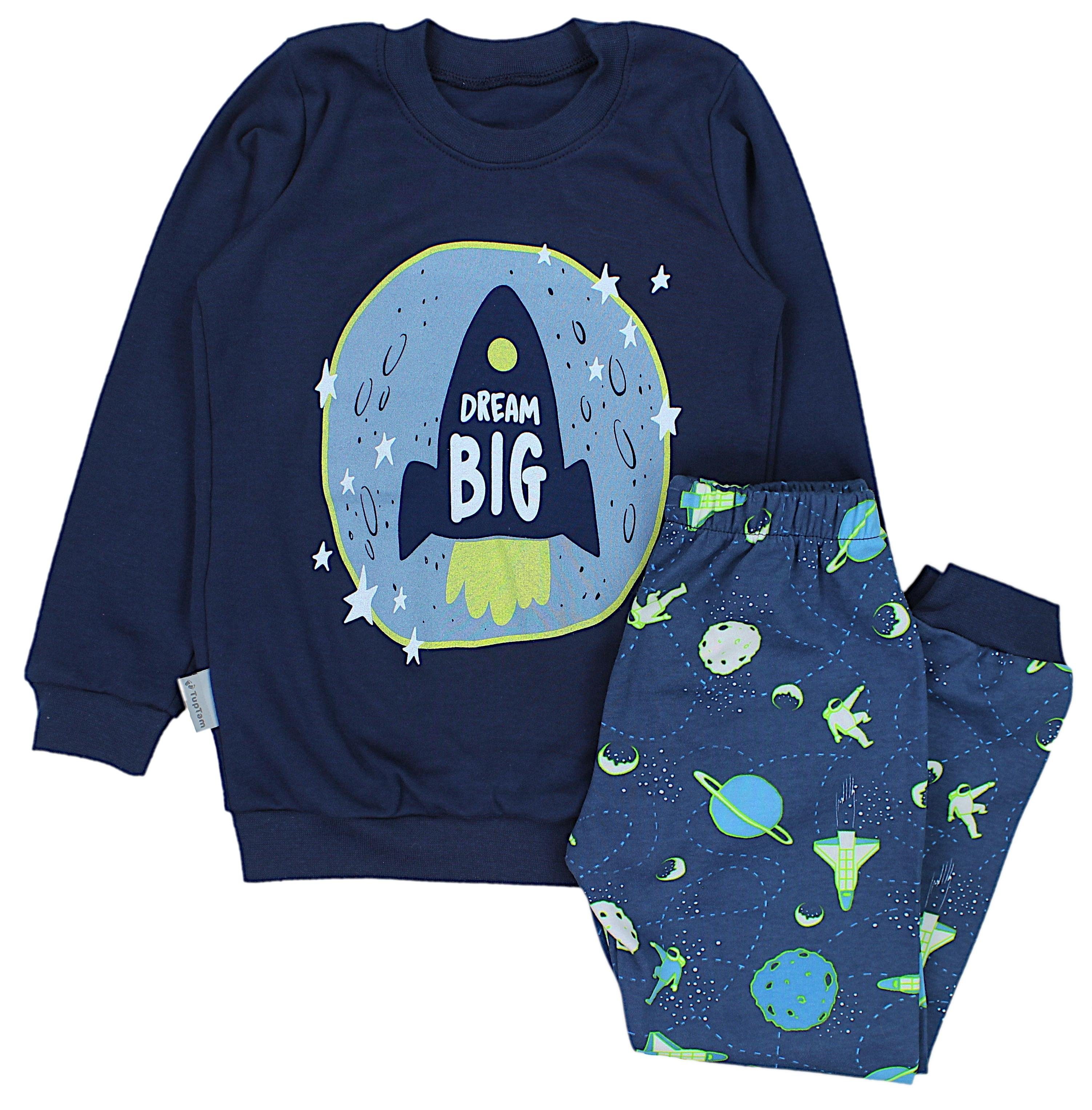 TupTam Schlafanzug Kinder Jungen Pyjama Schlafanzug Set Langarm Nachtwäsche 2-teilig Dream Big / Kosmos Dunkelblau / Grün