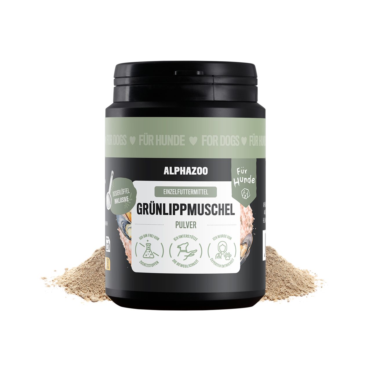 ALPHAZOO Grünlippmuschel-Pulver 100 g für Hunde, Grünlippmuschelpulver in echter Vollfettqualität, Ergänzungsfutter für: Hunde, GAG und Omega-3 für Gelenke und Agilität
