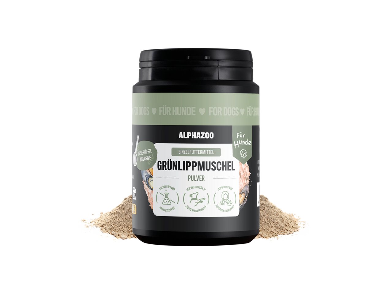 ALPHAZOO Grünlippmuschel-Pulver 100 g für Hunde, Grünlippmuschelpulver in echter Vollfettqualität, Ergänzungsfutter für: Hunde, GAG und Omega-3 für Gelenke und Agilität