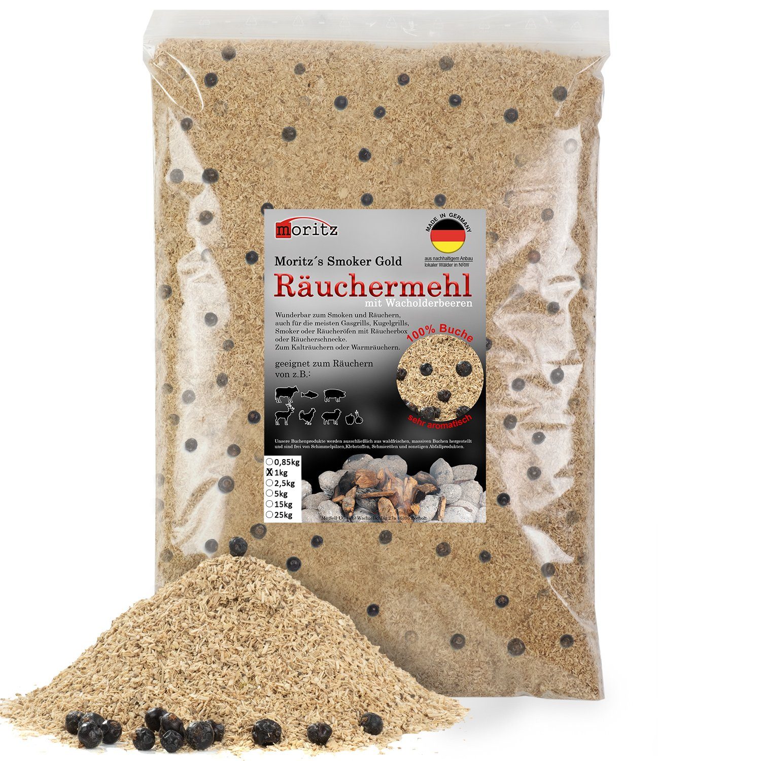 Moritz Räucherbox 1kg Räuchermehl Buche mit Wacholder fein 0,5 -1 mm zum smoken, räuchern/kalträuchern von Fleisch, Fisch, Gemüse geeignet