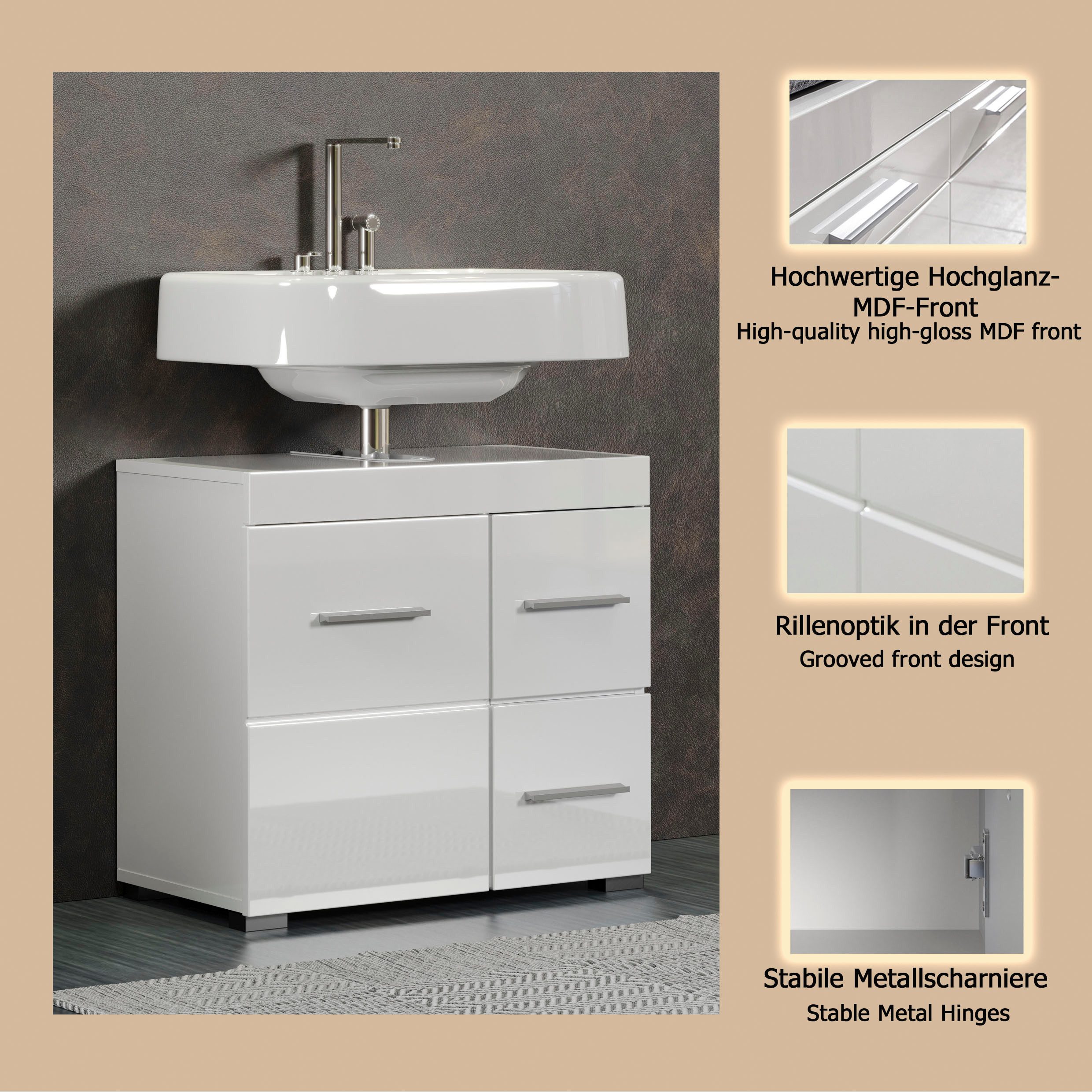 welltime Waschbeckenunterschrank Avena (1-St) Badezimmerschrank mit Tür & Schubkästen – (B/T/H) 60/34/56 cm