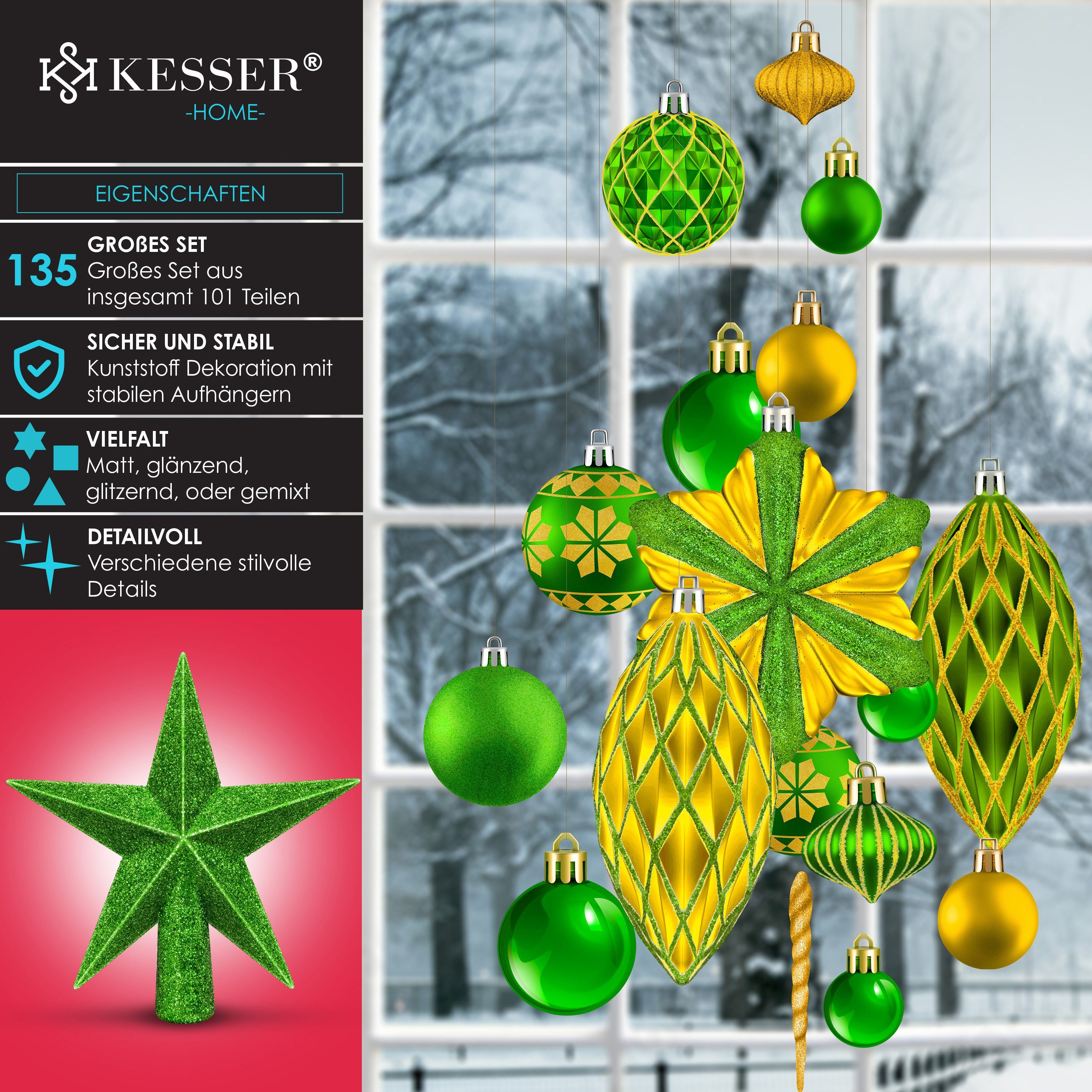 gold grün Christbaumkugeln Weihnachtskugeln 105-teiliges Christbaumschmuck / KESSER Baumspitze Set (135-tlg),