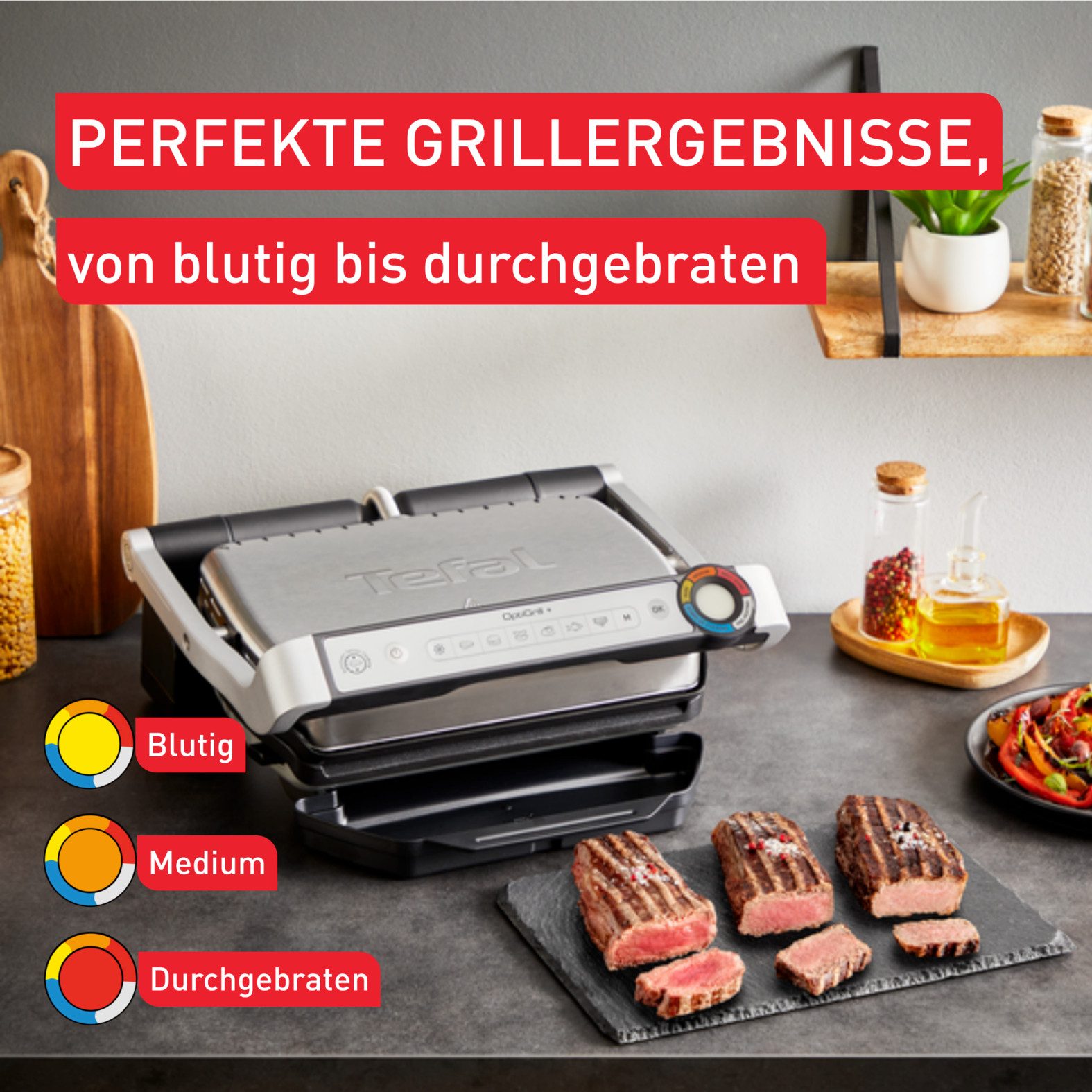 Tefal Kontaktgrill OptiGrill+ XL, erneuerte Kochstufenanzeige, 9 automatische Programme, 2000 W, ein manuelles Programm, spülmaschinengeeignete Platten, GC7278