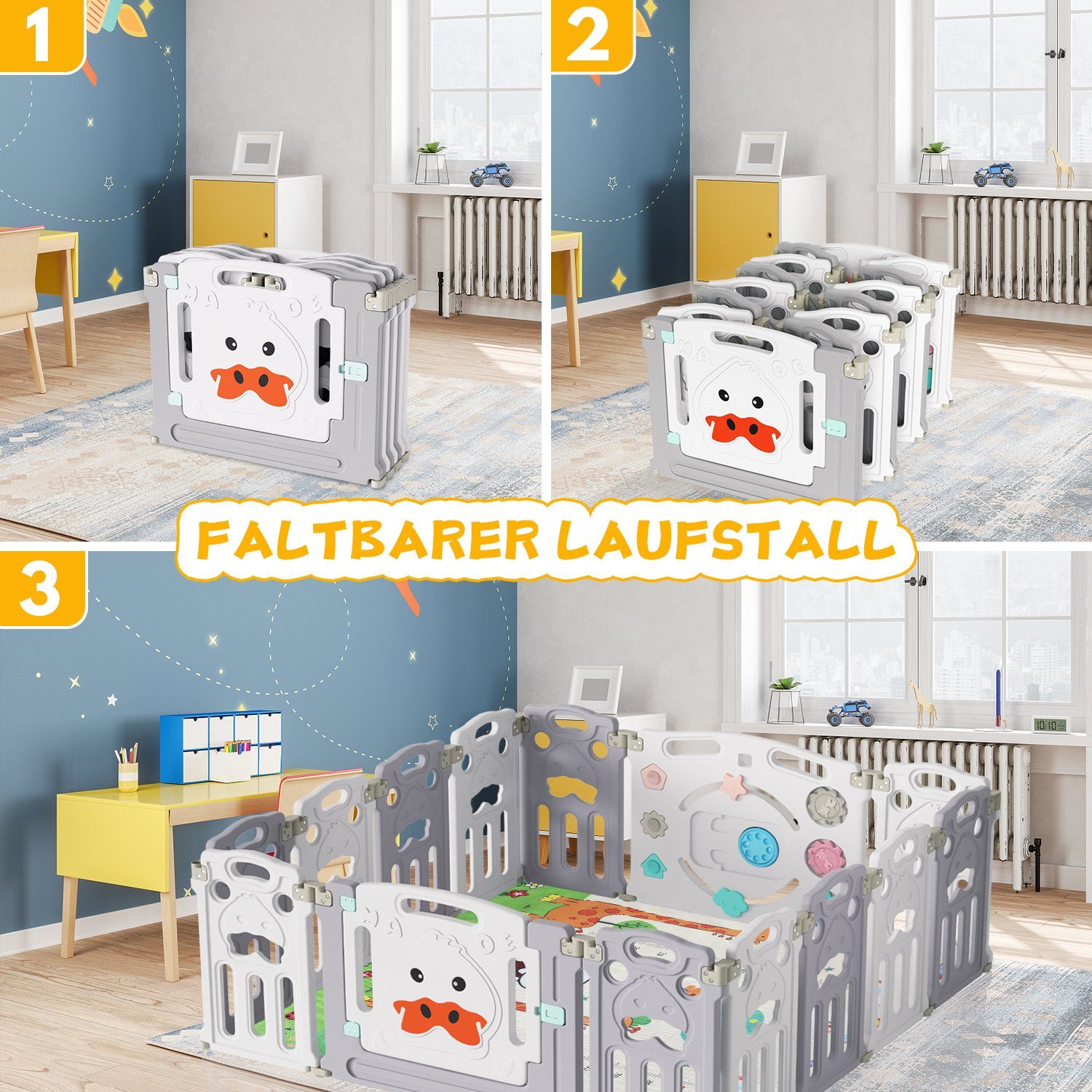 anpassbar, Kanten Design Laufstall Krabbelmatte, mit Gimisgu scharfe Flexibel und 150x150x60cm, Faltbar, ohne Laufgitter Baby