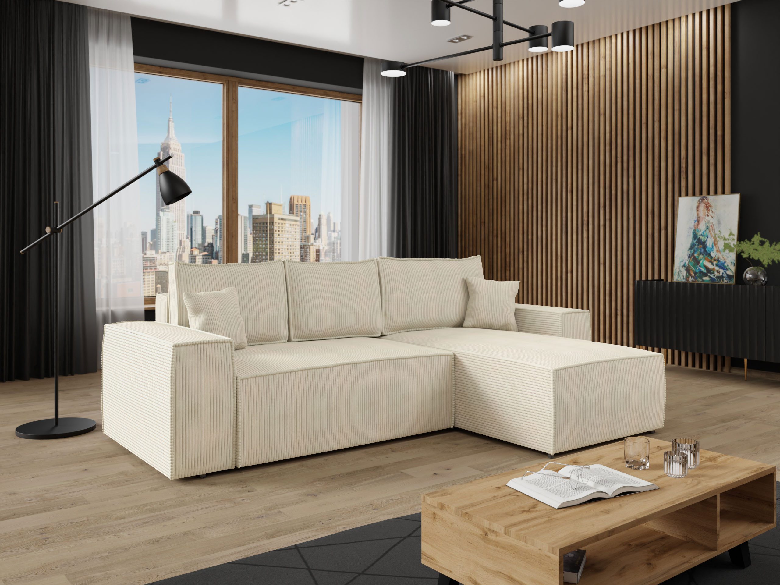 MIRJAN24 Ecksofa Malaga L Cord, mit Bettkasten und Schlaffunktion, Rückenlehne in Form beweglicher Kissen