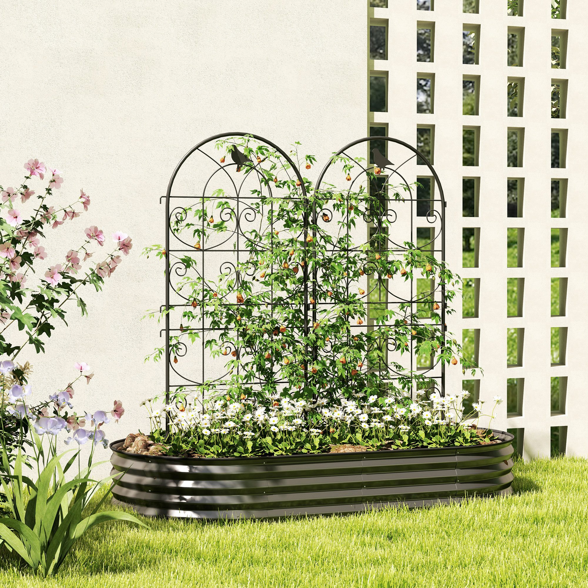 Outsunny Rankhilfe Pflanzenspalier rostfrei mit Vogeldesign für Kletterpflanzen Spalier für Zimmerpflanzen, 2 St., Rankgitter Metall, für Tomaten Blumen Kletterpflanzen Schwarz