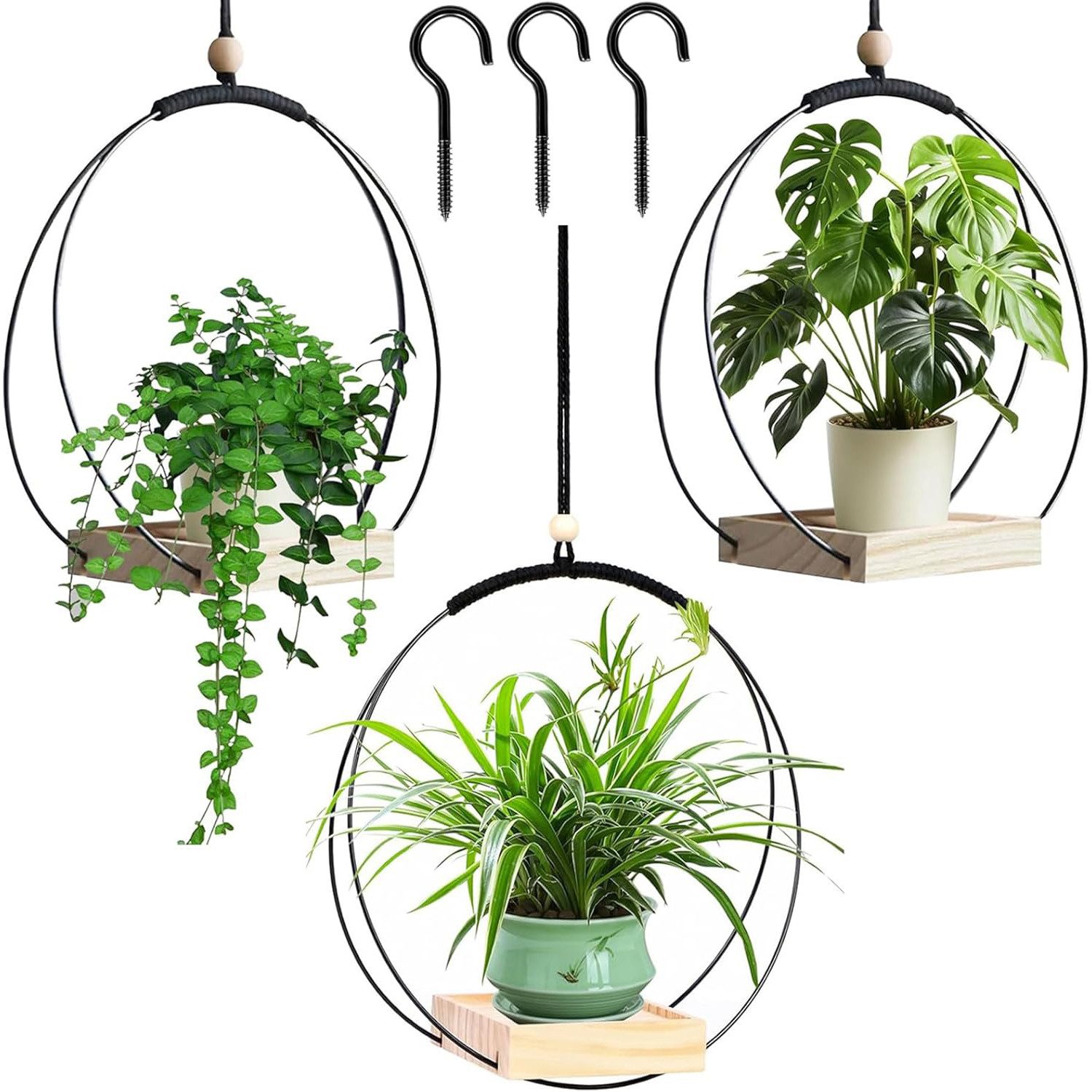 SURFOU Blumenampel Hängend Innen-Metall Blumenampel Hängeampel Mit Holzsockel (Decke Hängende Pflanzer Hängetopf Für Pflanzen), für Zimmerpflanzen Sukkulenten Luftpflanzen Kaktus