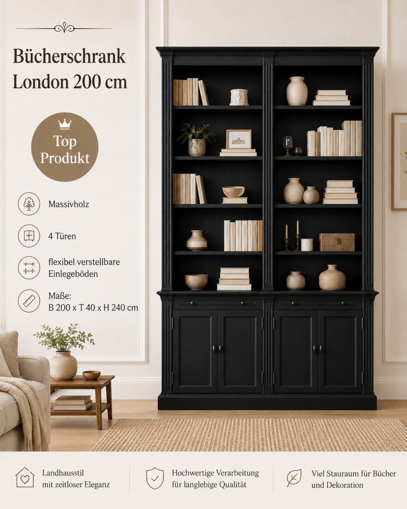 Wohnpalast Bücherregal Bücherschrank London 200cm - 2-teiliges Bücherregal im Landhausstil Sc