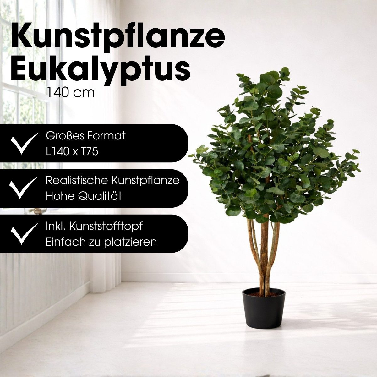 Kunstpflanze Mica Decorations Eukalyptusbaum – H140 x Ø75 cm – Grün, Mica Decorations, Höhe 140 cm