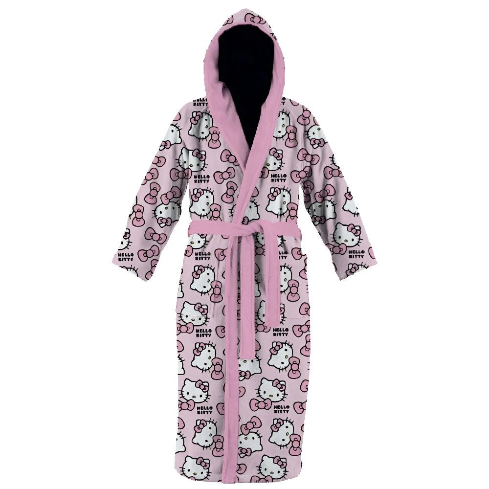 Hello Kitty Kinderbademantel Hallo Kitty Kinder Mädchen 3 tlg. Set Bademantel Handtuch Handschuh, langarm, Polyester, Kapuze, Gürtel, Gr. 98 bis 128