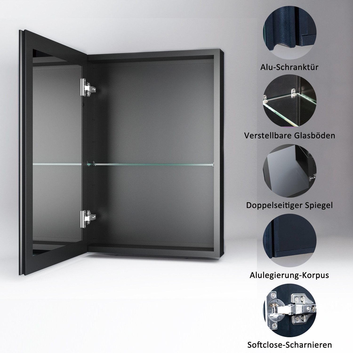 Boromal Badspiegel mit schrank Spiegelschrank Schwarz Eckig Aluminium 80x60 50x70 40x60cm (Badschrank Hängend 2-türig, 1-türig, Doppelseitiger HD Spiegel), Vers – Bild 4 von 5
