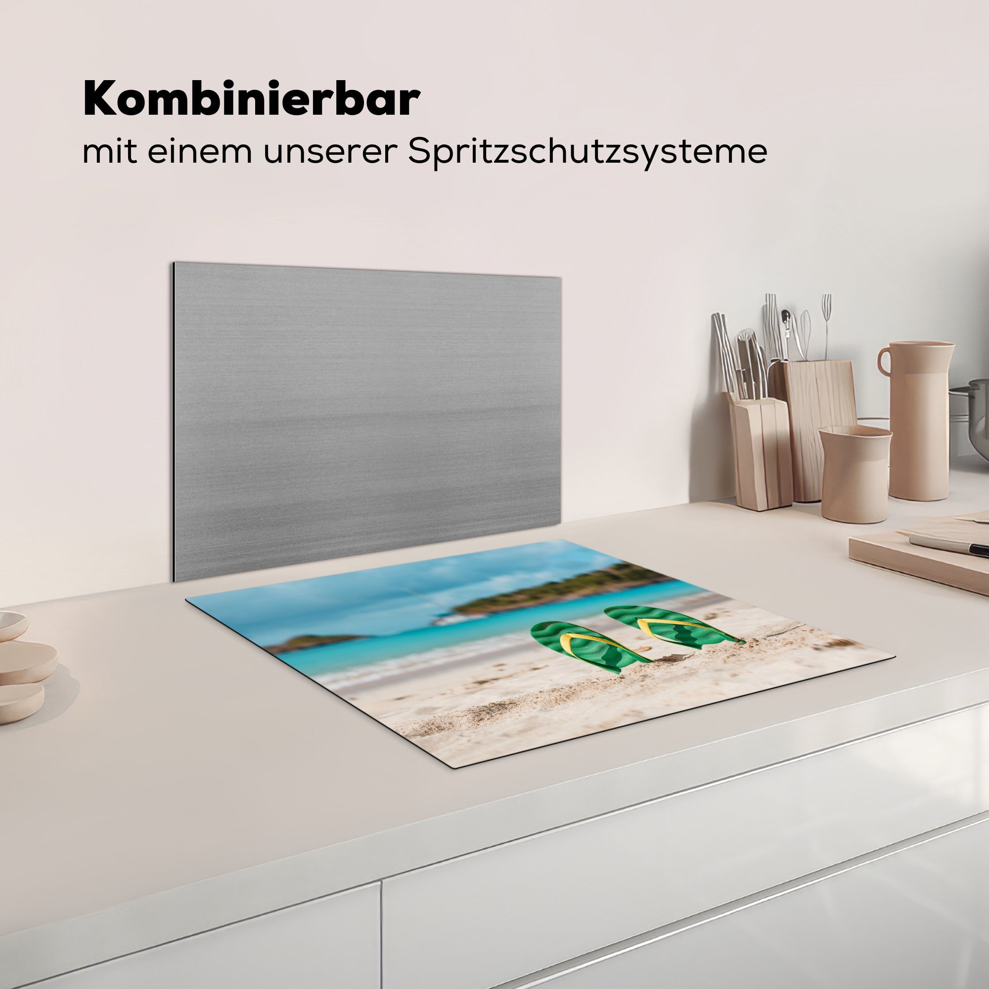 Pantoffeln Herdblende-/Abdeckplatte tlg), Vinyl, Ceranfeldabdeckung für die Grün, - Strand (1 küche, 59x52 Induktionsmatte - MuchoWow cm,