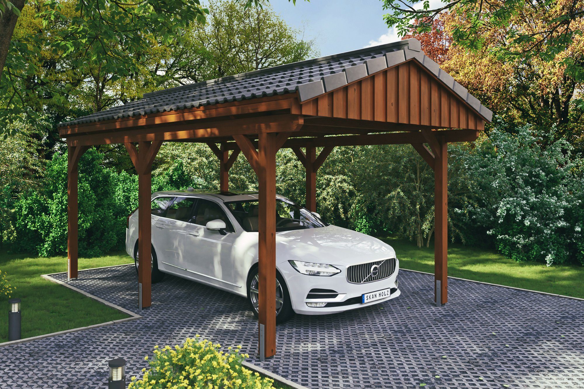 Skanholz Einzelcarport Fichtelberg, BxT: 317x566 cm, 273 cm Einfahrtshöhe,  mit Dachlattung, Satteldach-Carport, farblich behandelt in nussbaum