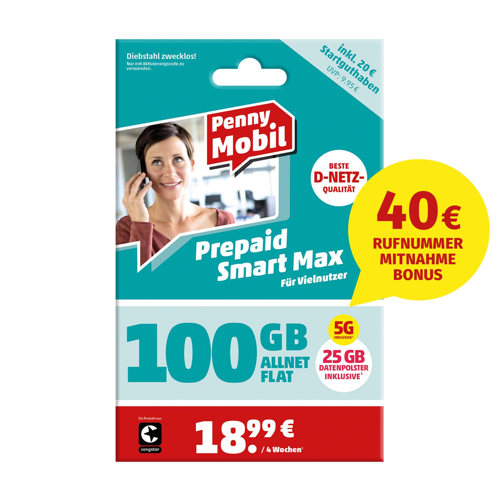 Penny Mobil Prepaid Smart Max Simkarte mit 20 € Startguthaben Prepaidkarte, (EU-Roaming inkl. Schweiz)