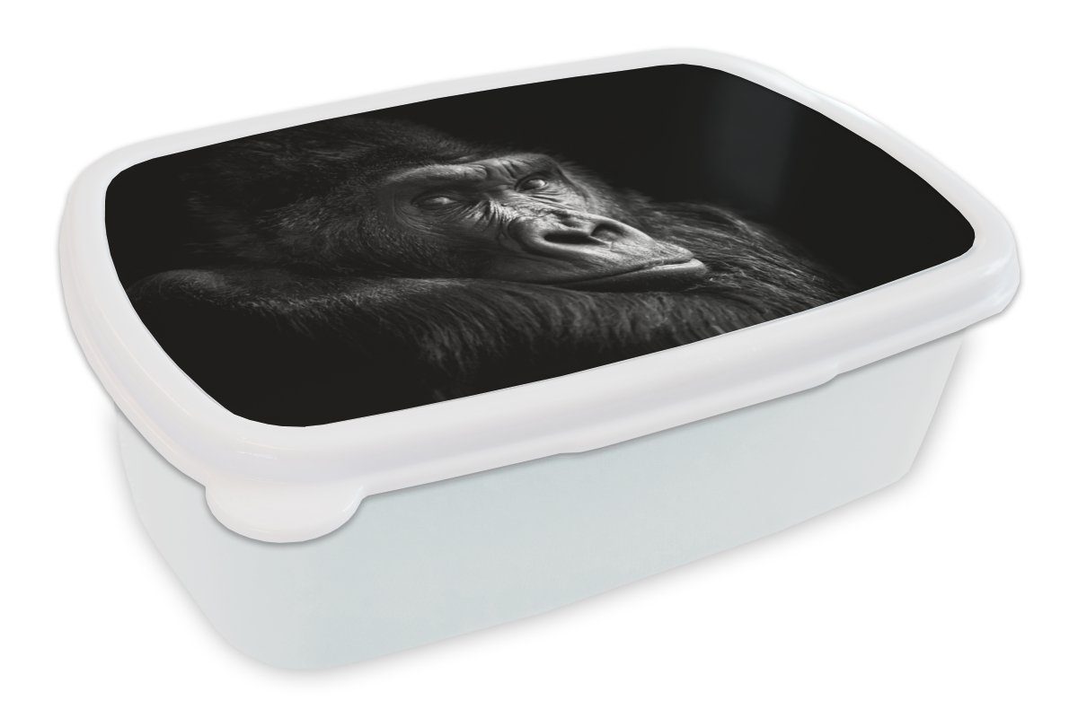 MuchoWow Lunchbox Gorilla - Affe - Schwarz - Weiß - Porträt, Kunststoff, (2-tlg), Brotbox für Kinder und Erwachsene, Brotdose, für Jungs und Mädchen