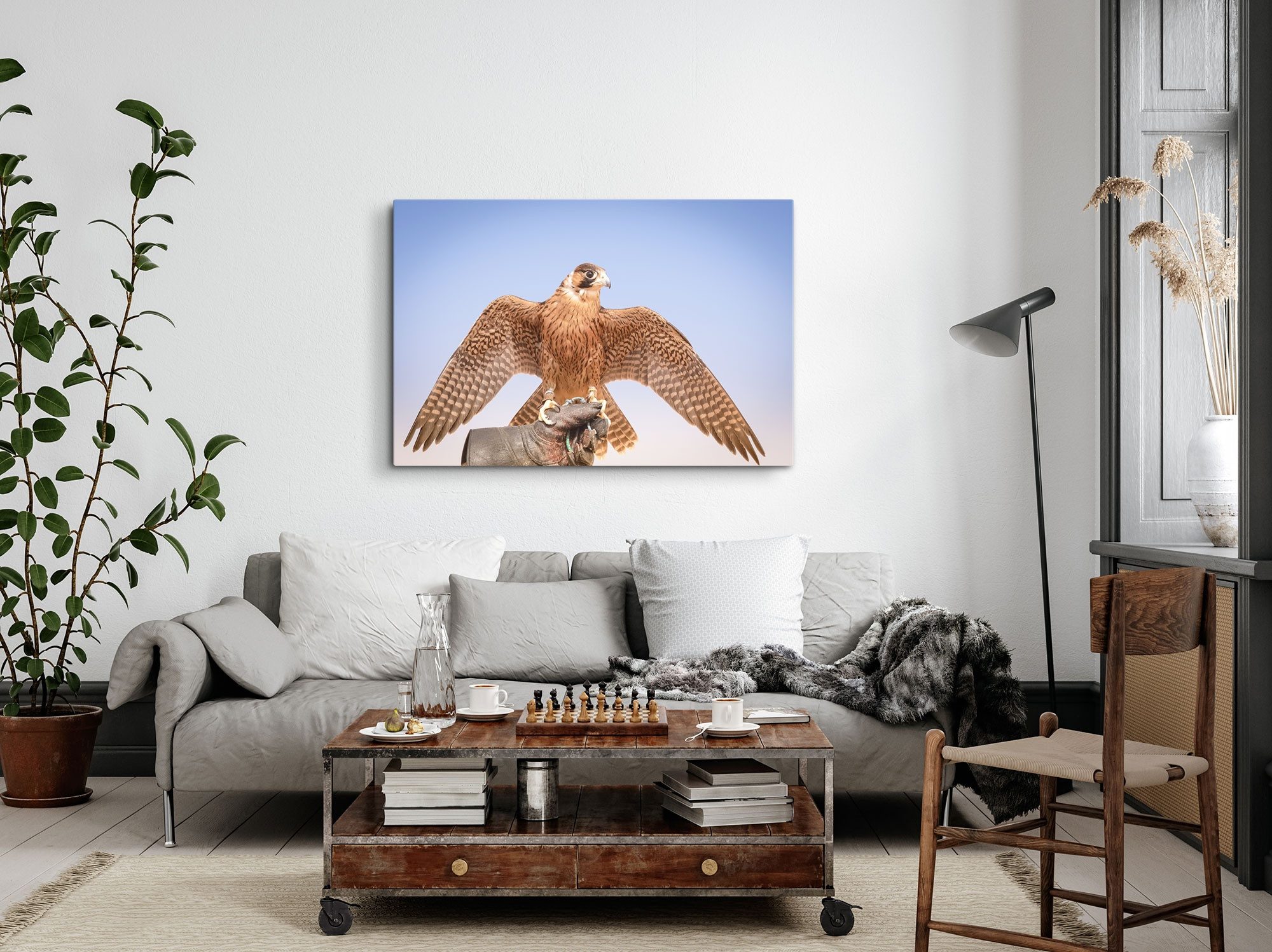 Sinus Art Leinwandbild 120x80cm Wandbild auf Leinwand Falke Falkenjagd Dubai Raubvogel Greifv, (1 St)