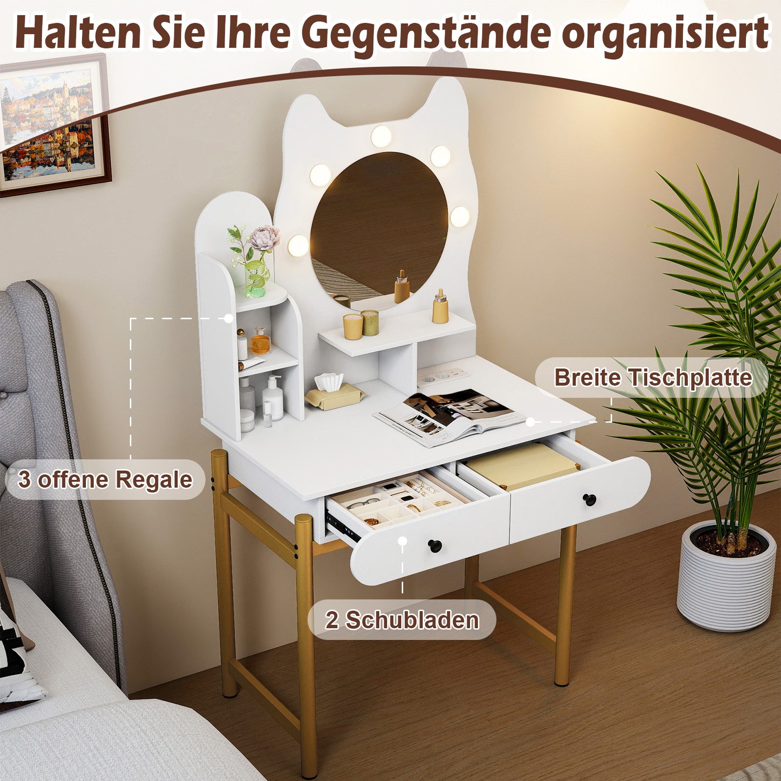 COSTWAY Schminktisch (1-St), Frisiertisch mit Spiegel, 3 Lichtmodi, in Katz günstig online kaufen