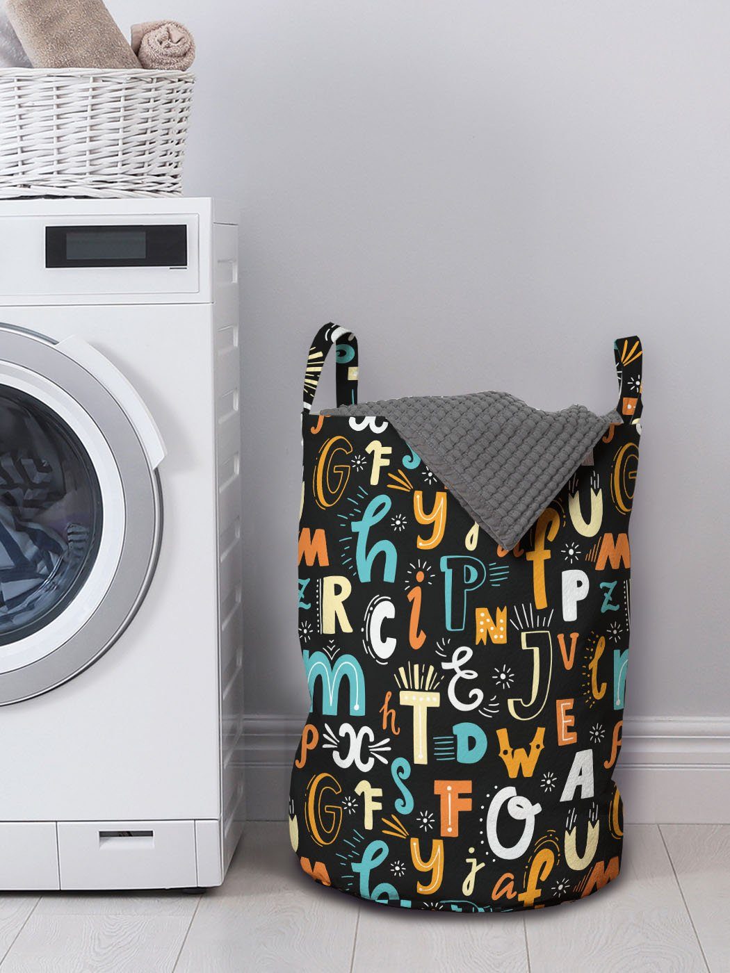 Waschsalons, Alphabet Spaß-Muster mit Wäschekorb Letters Abakuhaus für Wäschesäckchen Moderne Kordelzugverschluss Griffen