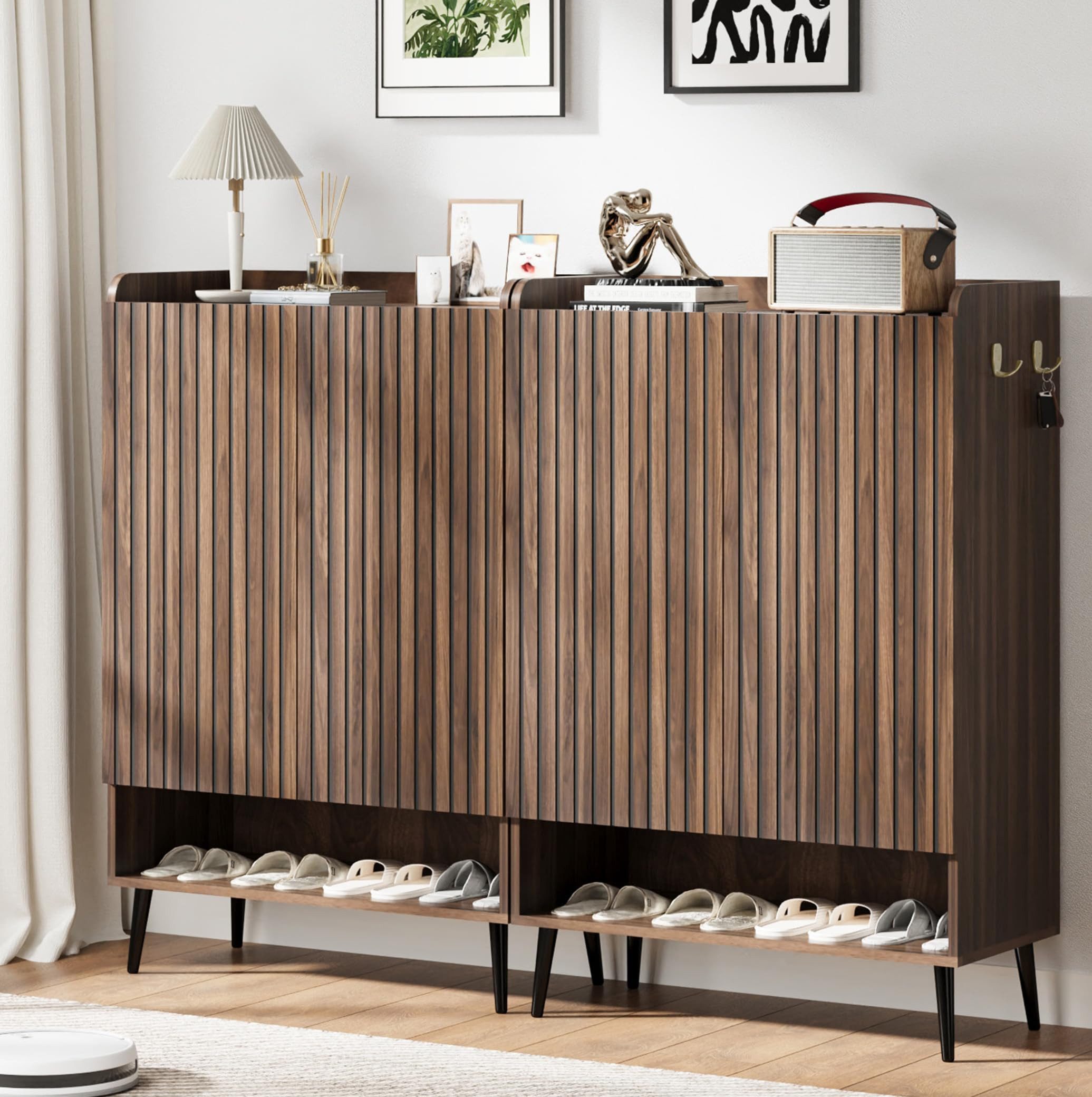 GarveeMore Schuhkipper 2er-Set Mehrzweckschrank mit Garderobenschrank 6 Fächern, Doppeltüren (2 St), 110 cm Höhe Beistellschrank verstellbare Einlegeböden, Haken