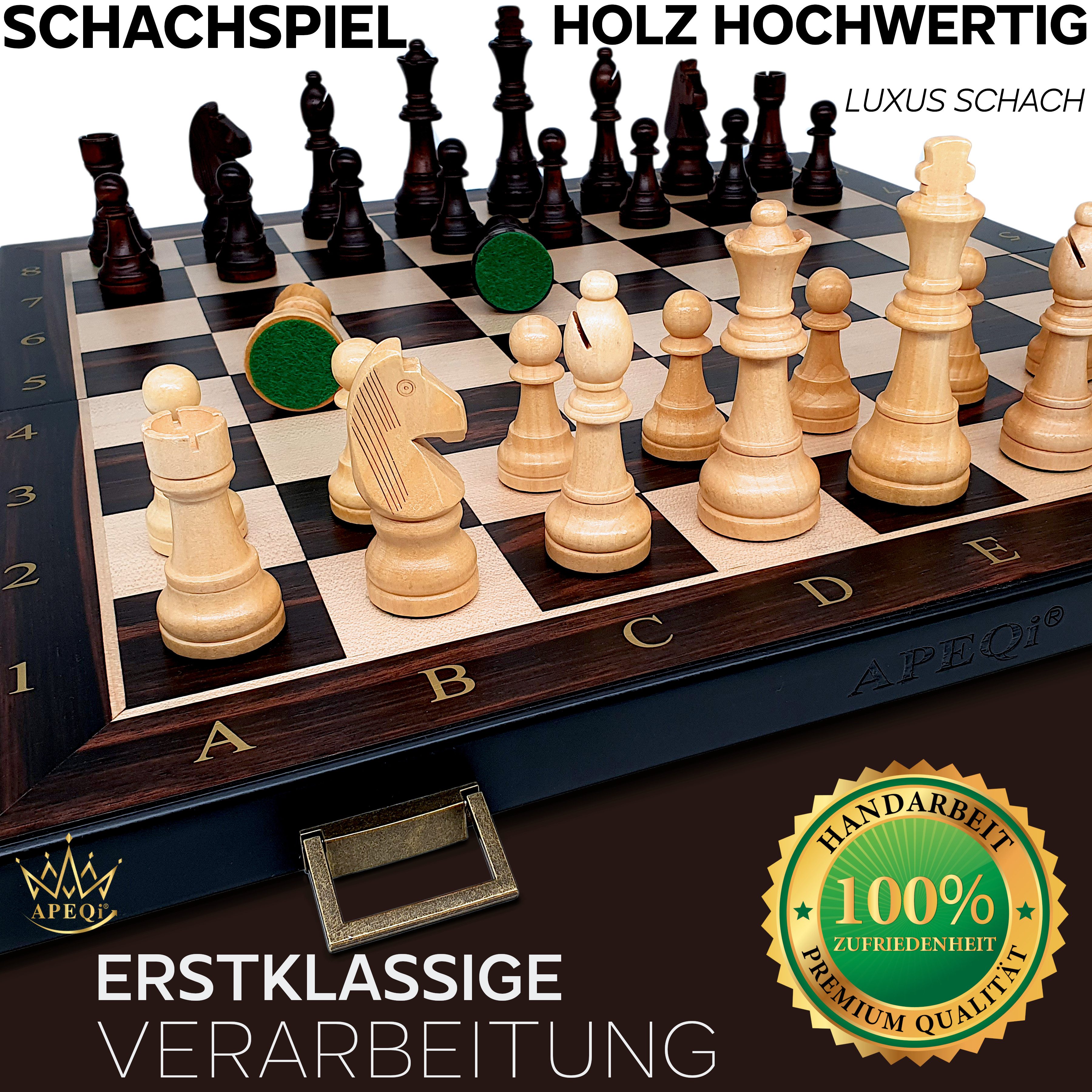 APEQi Spiel PREMIUM Schach - Schachspiel Holz hochwertig - Schachbrett mit Figuren, Massivholz, 2 EXTRA-Damen, Geschenkidee, klappbar, 34 Schachfiguren