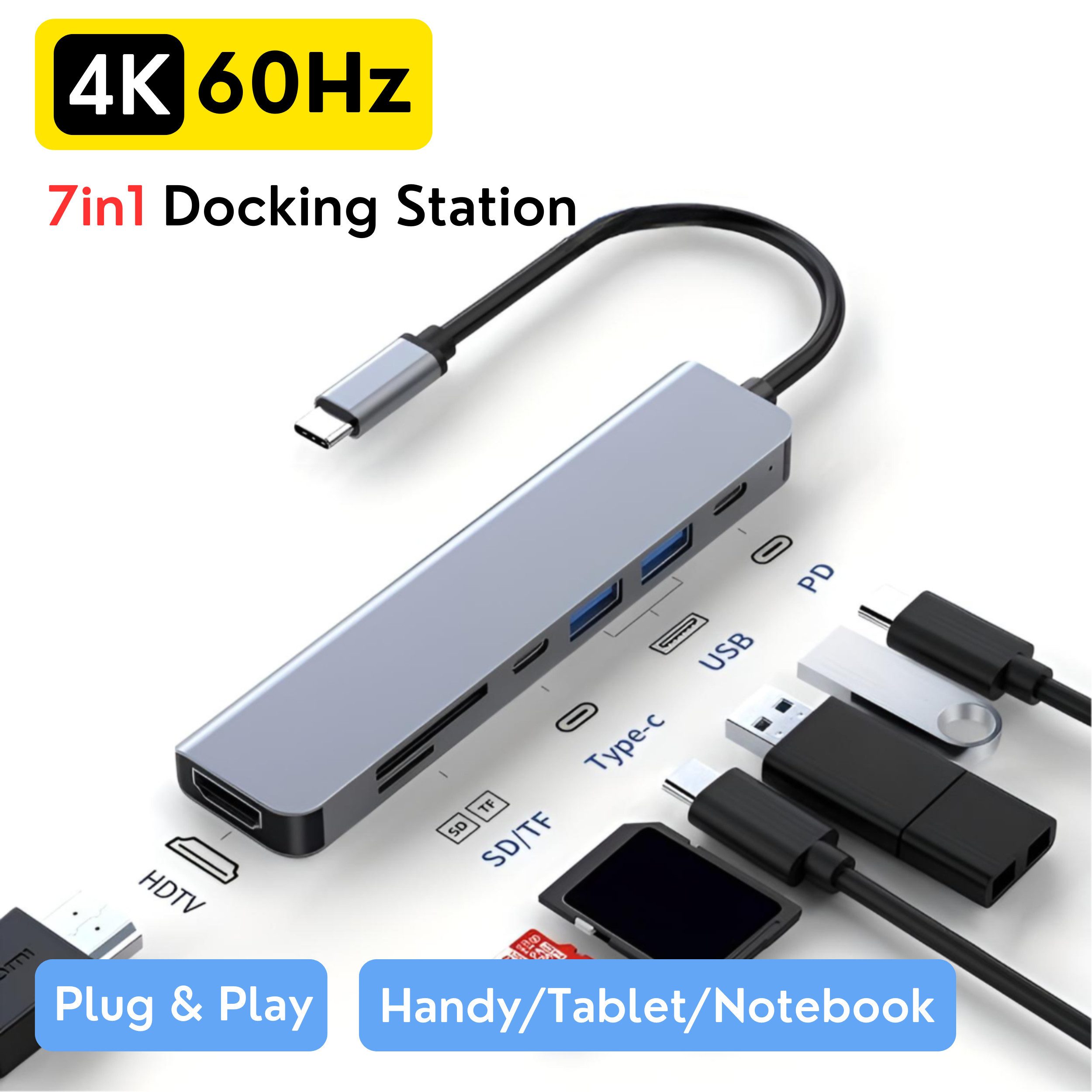 S&T Design Laptop-Dockingstation USB C Dockingstation Aluminium USB-C Hub DOC LAN Anschluss, (Nintendo Switch, USB-Verteiler 8 in 1 Multiport), 4K@60Hz HDMI 100W PD USB 3.0 SD TF Kartenleser Handy Tablet Notebook