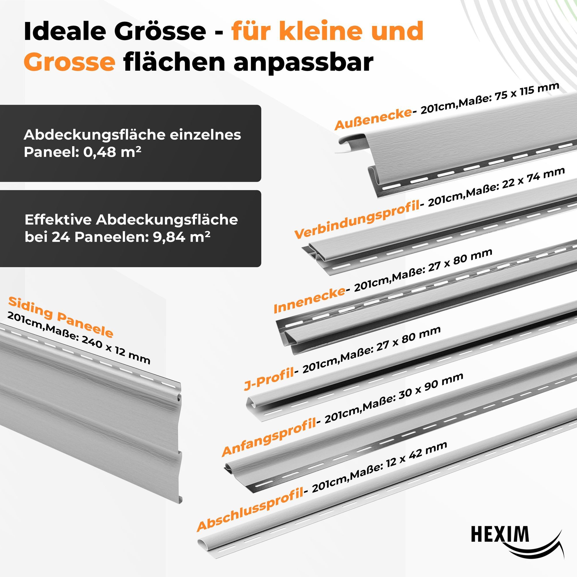 Hexim Verkleidungspaneel, (Siding Fassadenpaneele außen Fassadenverkleidung wetterfest Kunststoffpanelee PVC-U Verkleidung Außenwand Hausverkleidung UV-beständig - (Anfangsprofil weiß)