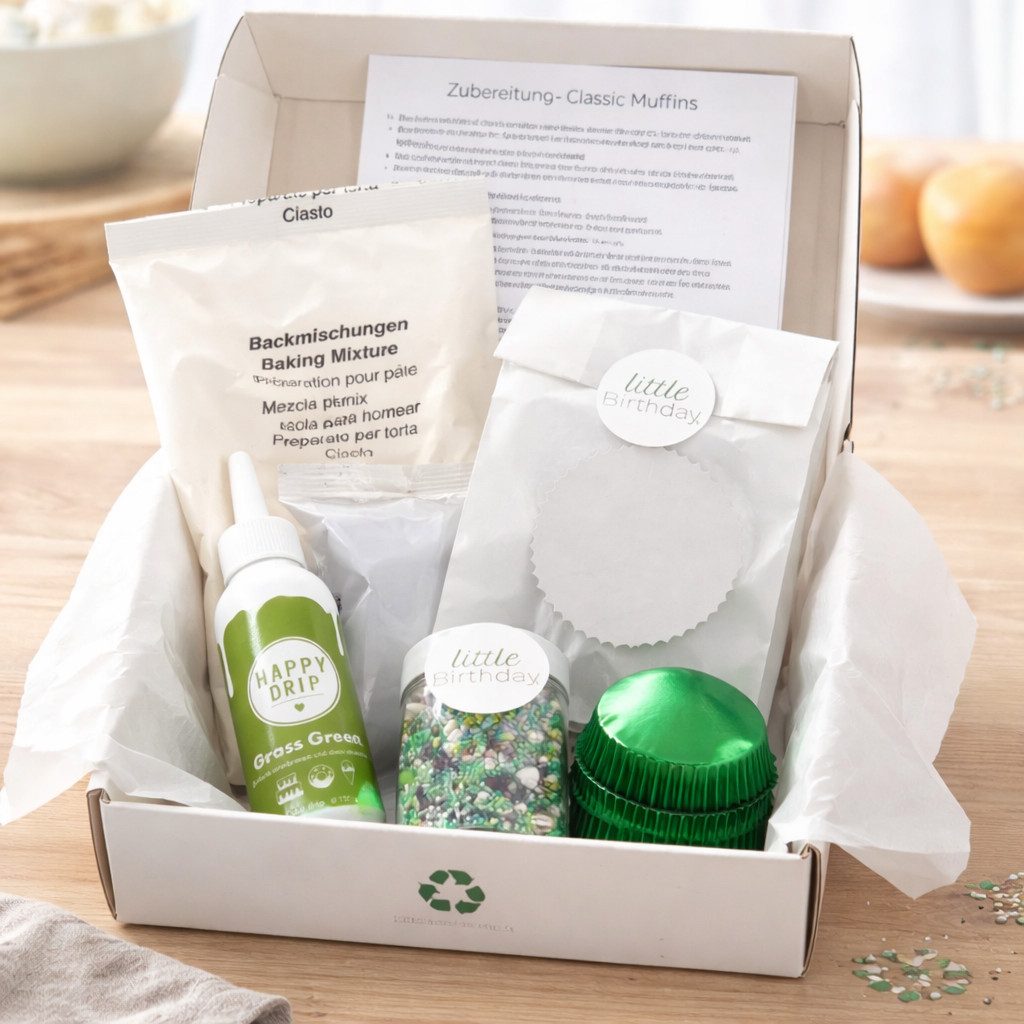 little Birthday Muffinform Back Box Fußball mit einer Backmischung, Schoko Glasur und Streusel, Fußball