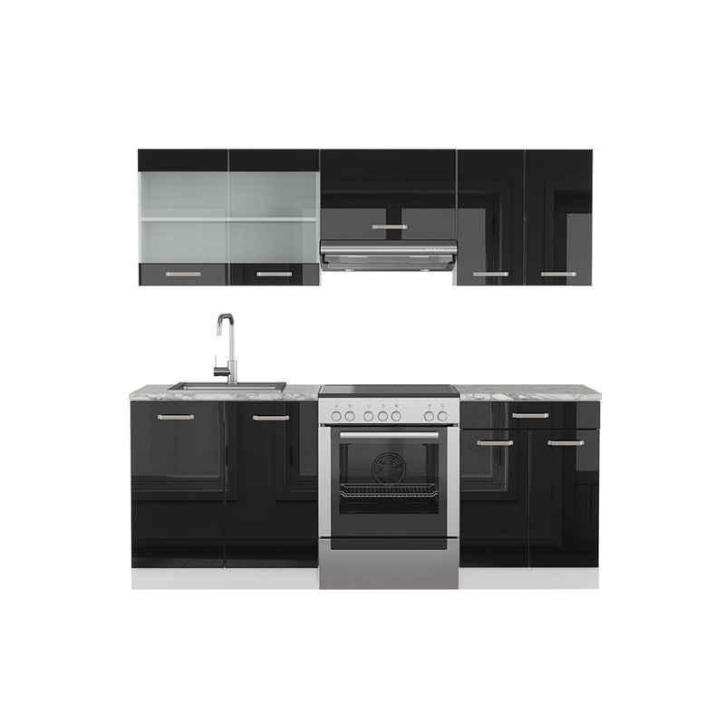 Vicco Küchenzeile R-Line, Schwarz Hochglanz/Weiß, 200 cm Ohne Arbeitsplatte