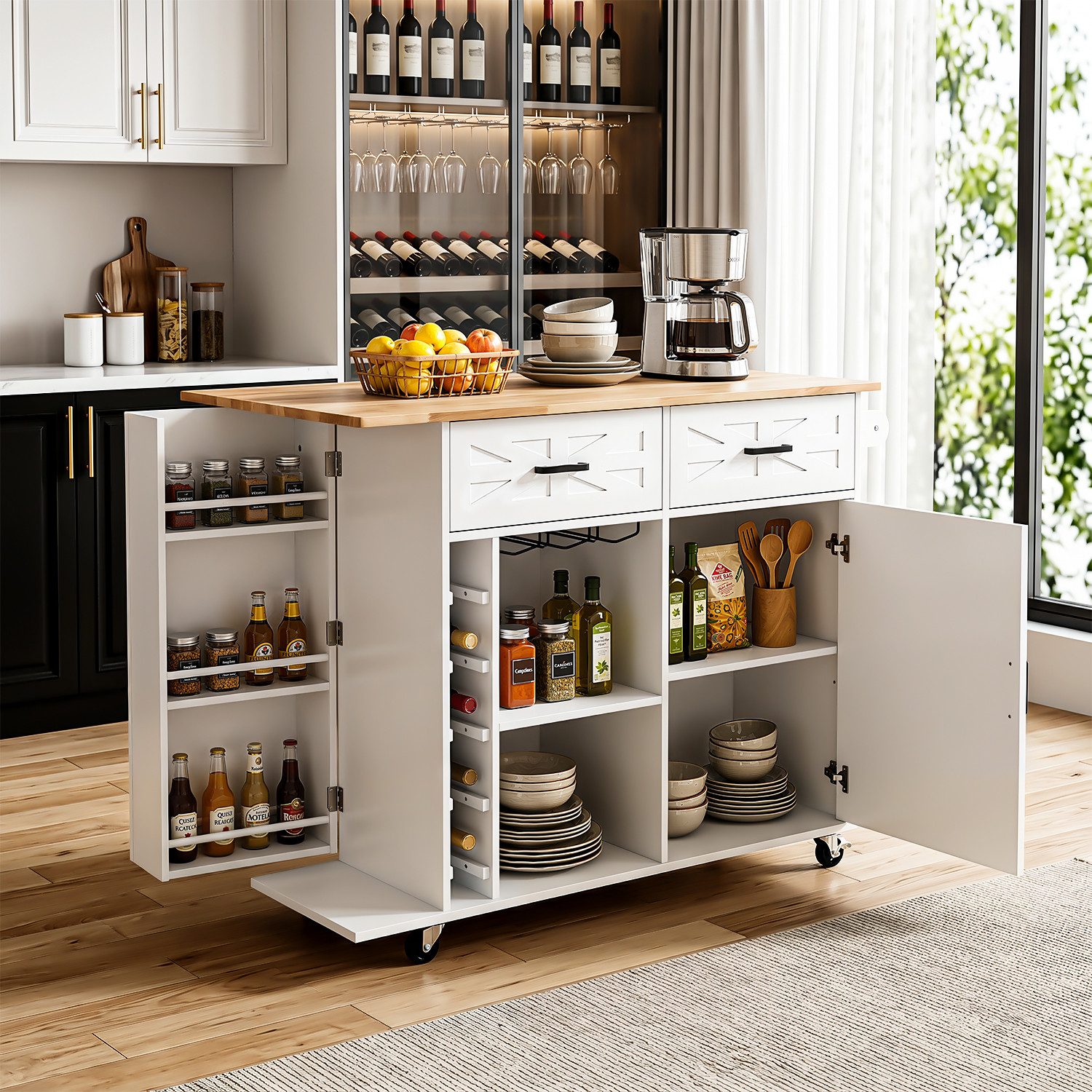 oyajia Küchenwagen mit erweiterbare Arbeitsplatte, Rollen und Handtuchhalter, (Servierwagen mit ausziehbarem Ablagefach Kücheninsel Küchenschrank, 1 St., 129 x 40/ 70 x 90.5 cm), Sideboard freistehend