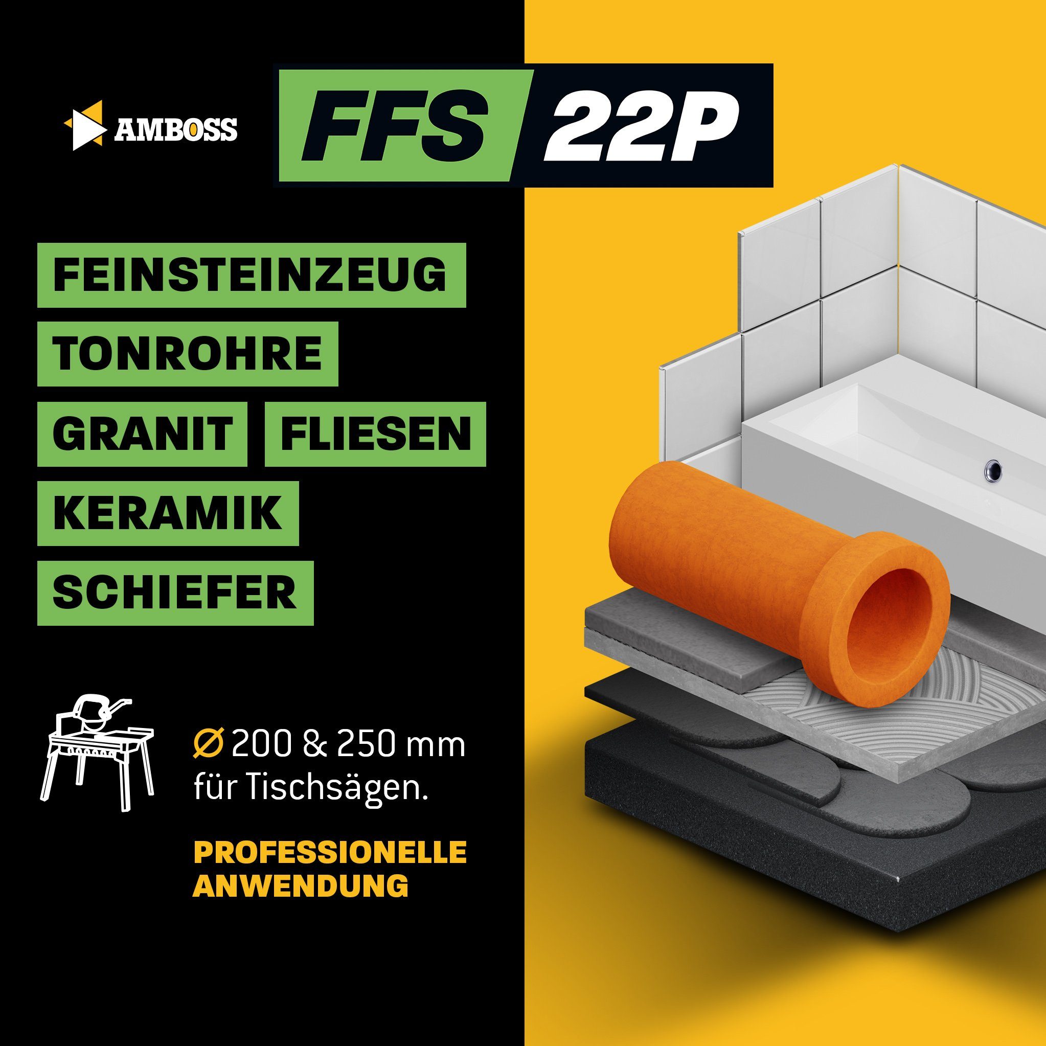 2.2 2.2 FFS 25.4, mm 250 Kreissägeblatt mm (Bohrung) Diamant Werkzeuge (Dicke) 25.4 22P Trennscheibe x x Amboss