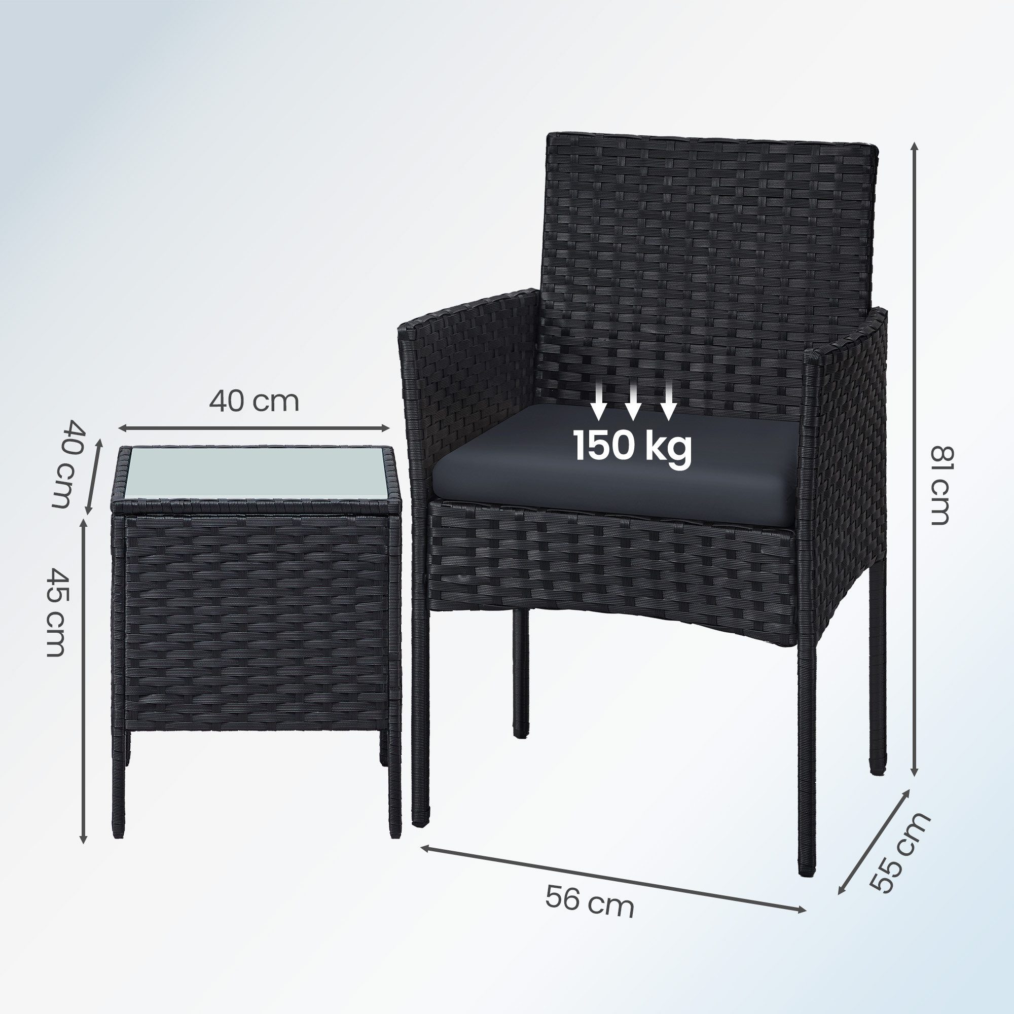 SONGMICS Gartenlounge-Set Balkonmöbel, Tisch und 2 Stühle, für Terrasse, Balkon, Garten, (3-tlg., 2 Gartenstuhl, 1 Gartentisch, mit Kissen), Gartenmöbel-Set, aus PE-Polyrattan, Terrassenmöbel, schwarz-grau