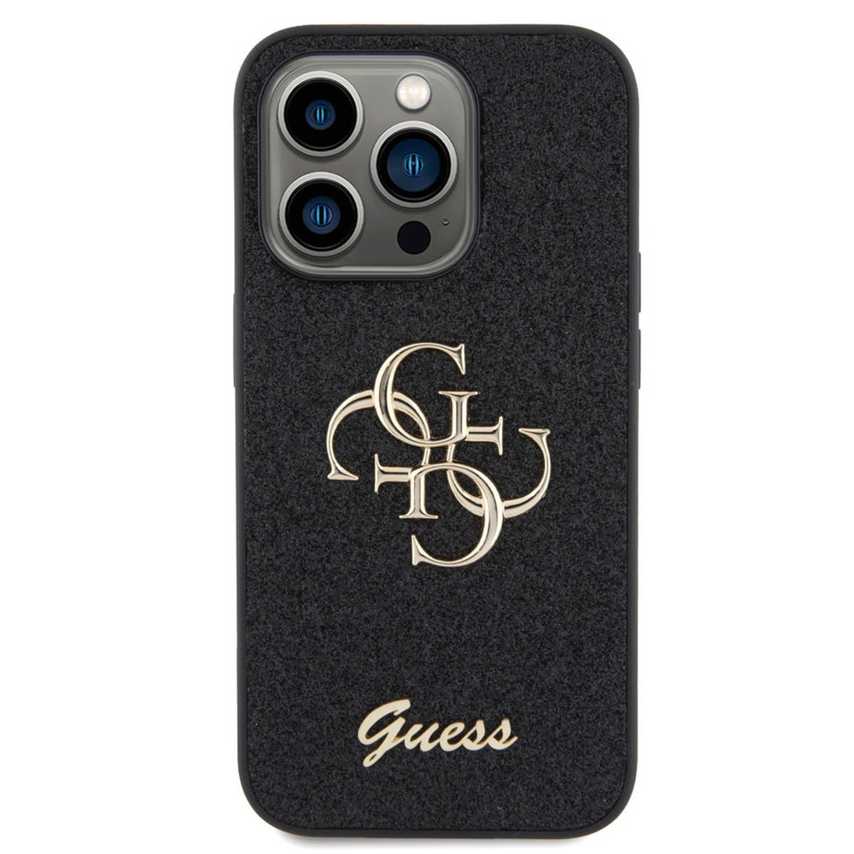Guess Backcover Guess 4G Metal Logo Back Cover mit Glitter Apple iPhone 15 Pro - Schwa