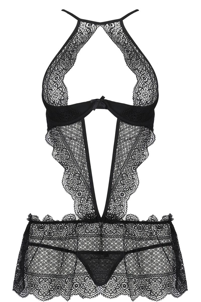 Passion Dessous Negligé Schwarzes Frauen Dessous Chemise transparent aus Spitze mit Bügel Cups