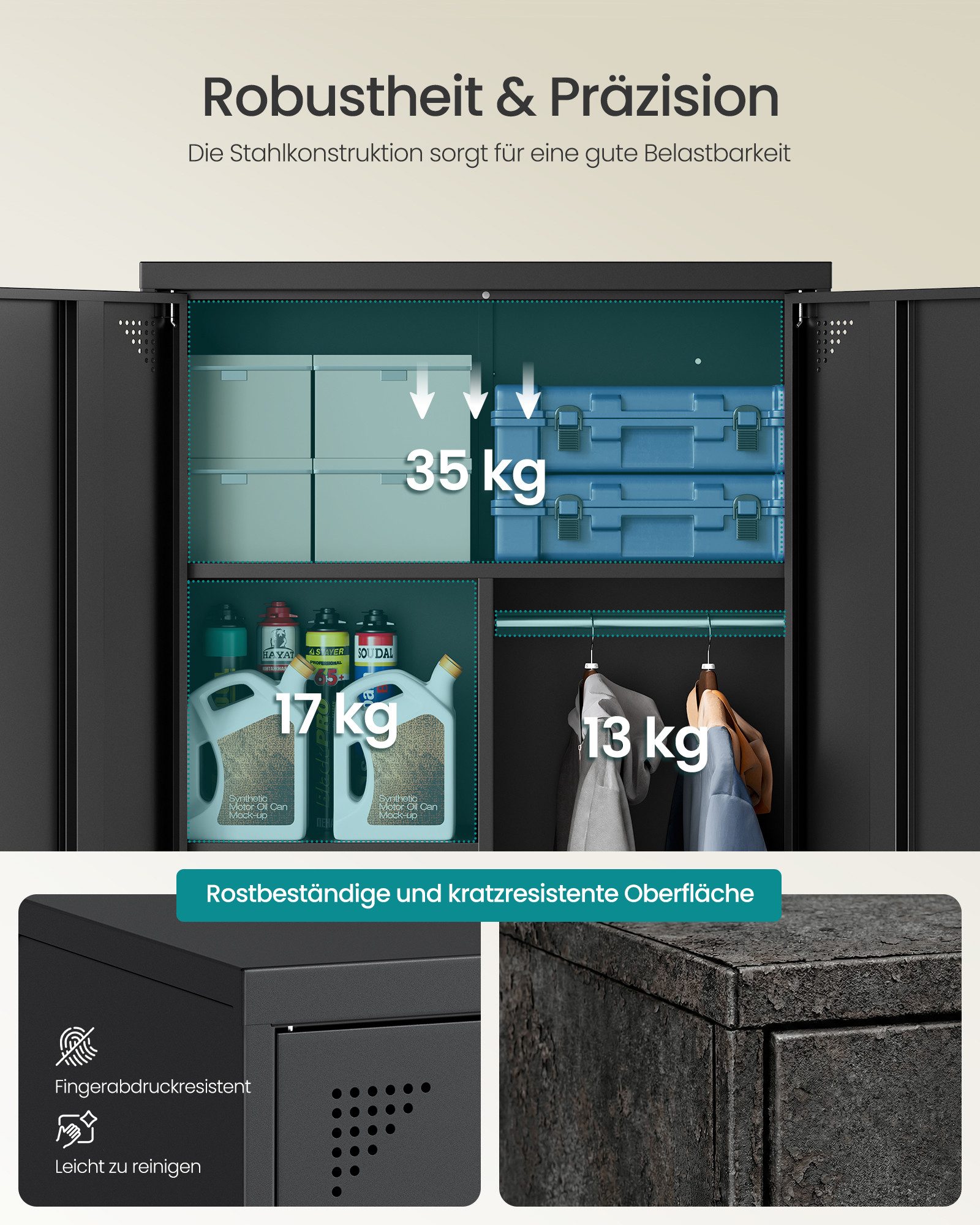 SONGMICS Aktenschrank Mehrzweckschrank, Garderobenschrank, Aufbewahrungsschrank Metallschrank, mit 5 Fächern, Hängestange, abschließbar, hohe Füße – Bild 5 von 5