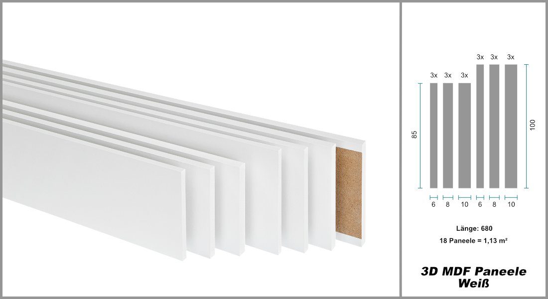 1.13 Packung - Verlegevarianten, mit (1 Wandpaneel) - (Wandverkleidung Weiß - aus Stilvolle qm) Wandfliese Wanddekoobjekt Paneele MDF 3D 7 Dekorbretter Holzpaneele moderne Holzverblender Hexim